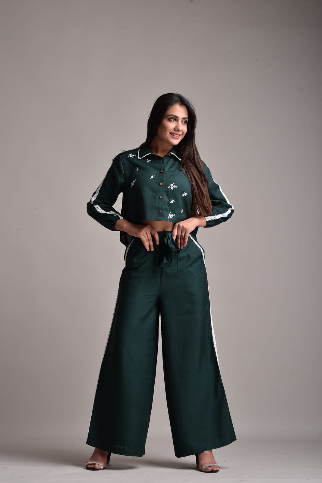 Rayon Green Embroidered Crop Top Co-Ord Set