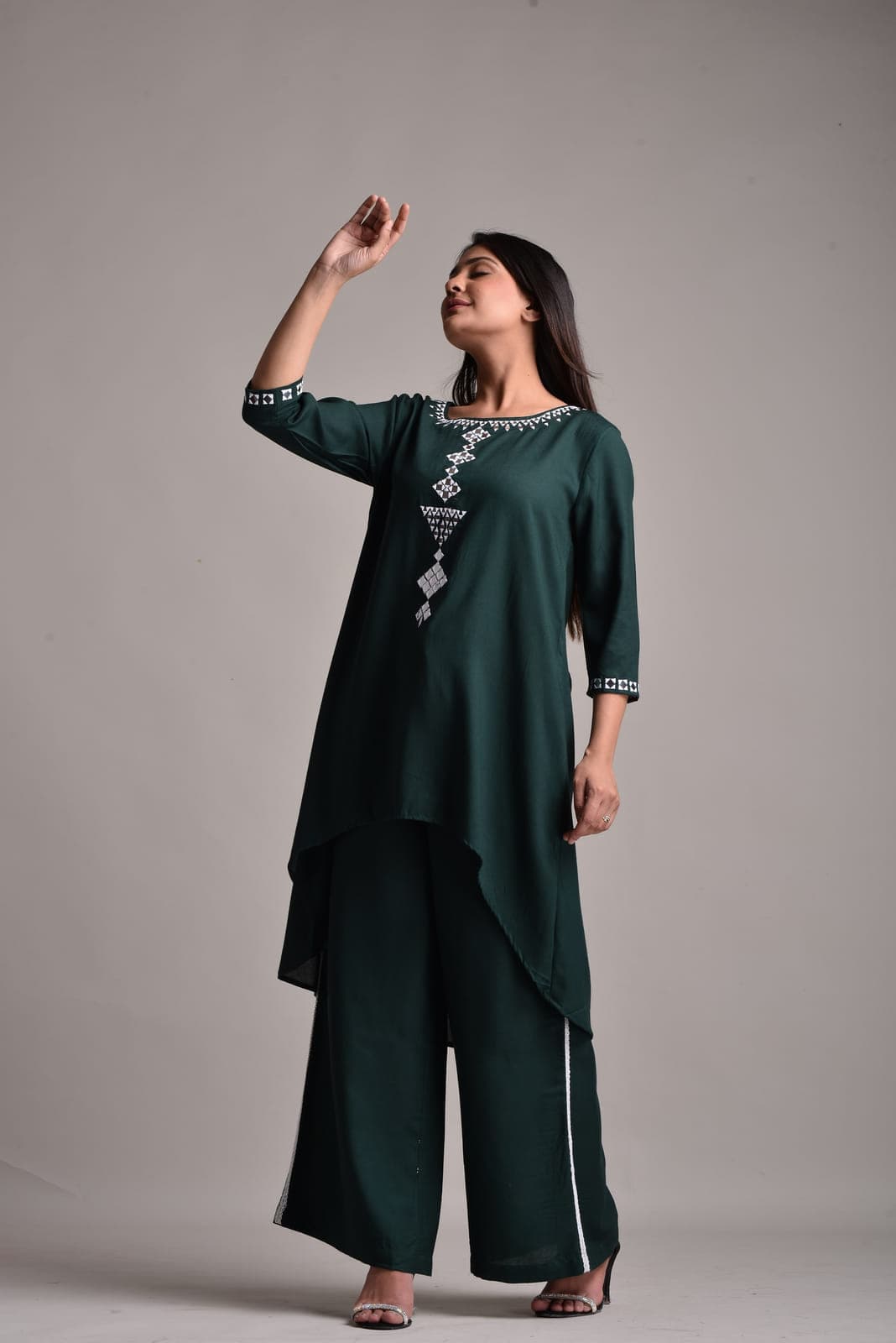 Rayon Green Embroidered Crop Top Co-Ord Set
