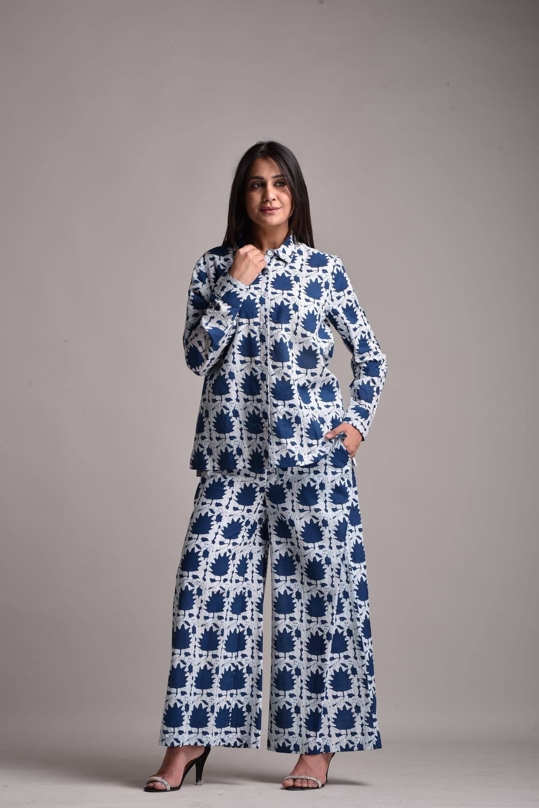 Cotton White Leaf Print Women Co-Ord Set