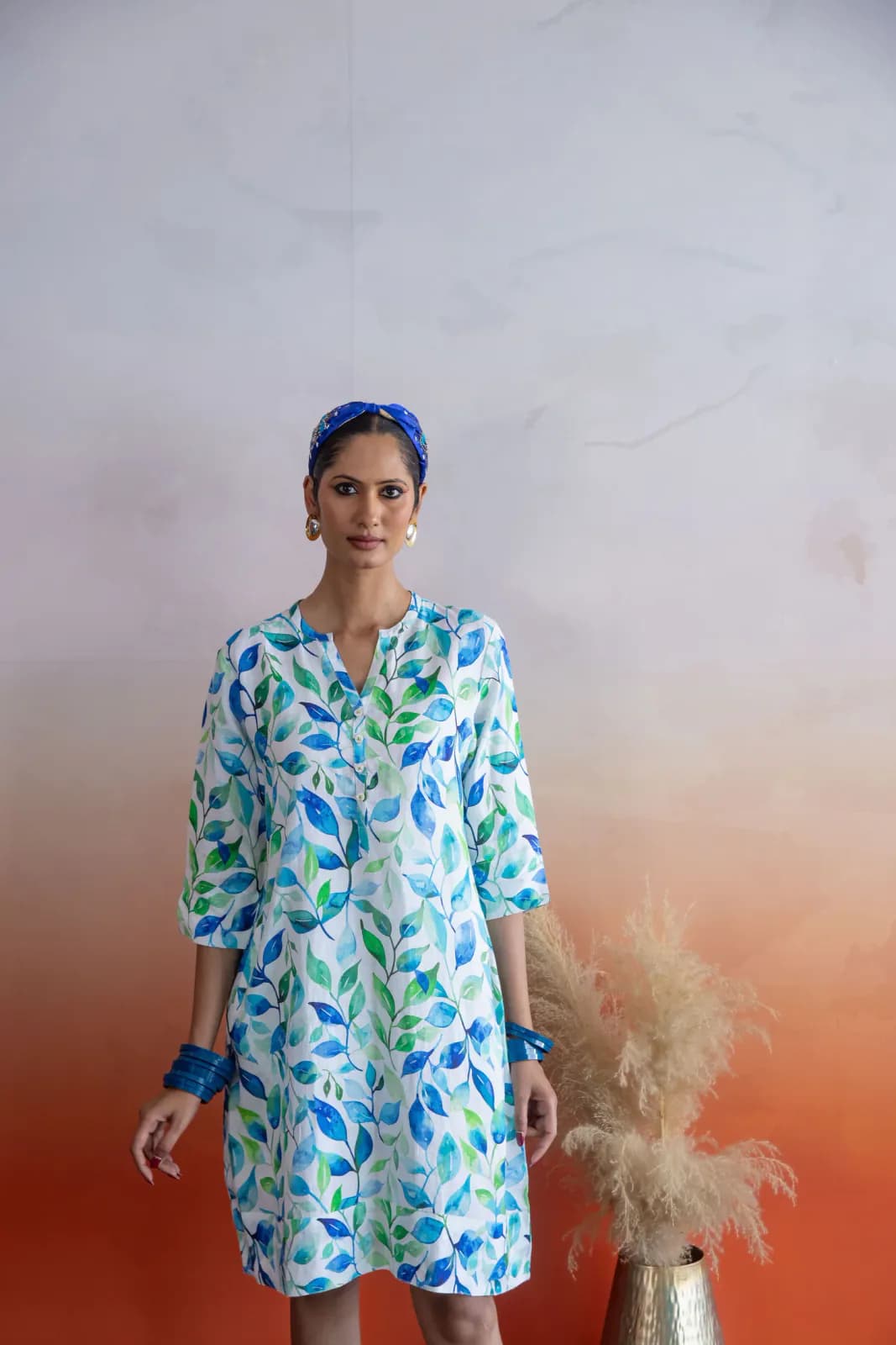 Sea Crest Print Tunic Classic Dress Linen Green