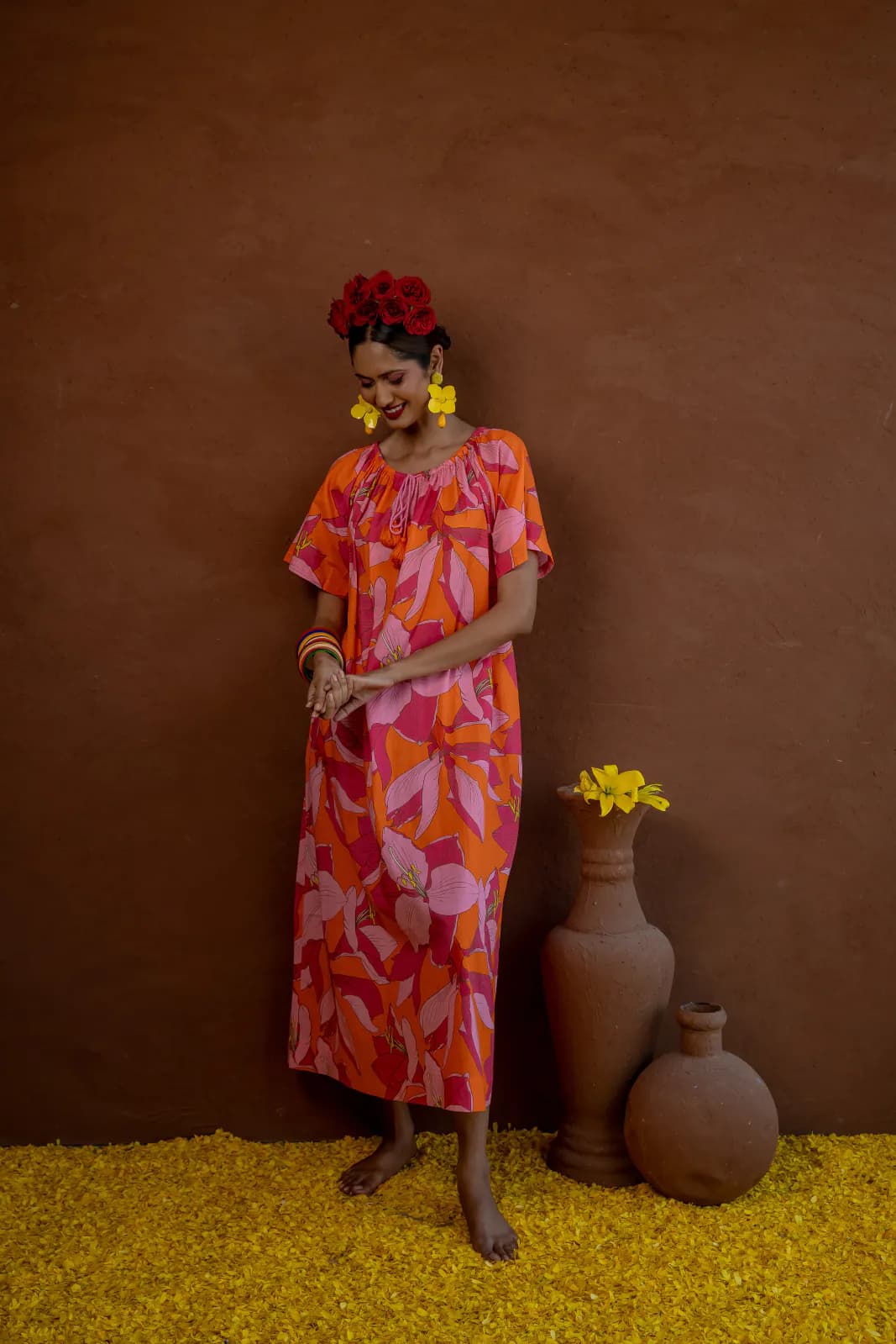 Calypso Fruit Flower Midi Dress Cotton Pink