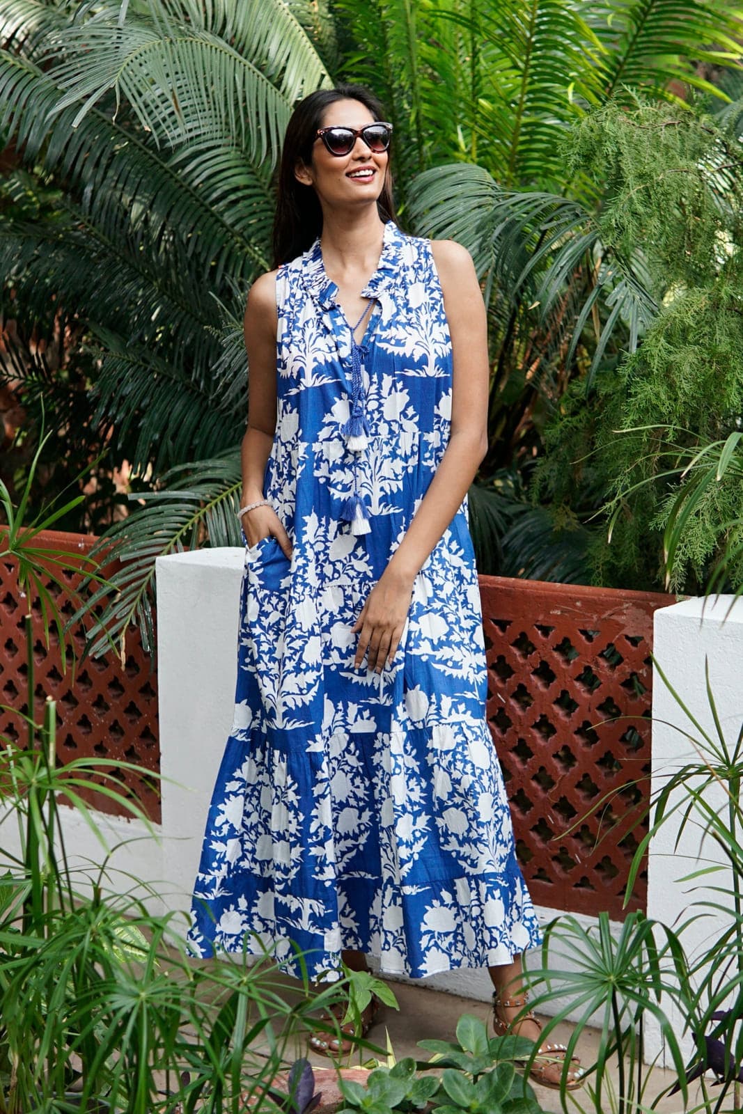 Maxi dress, beach dress, blue and white ikat cotton Paloma