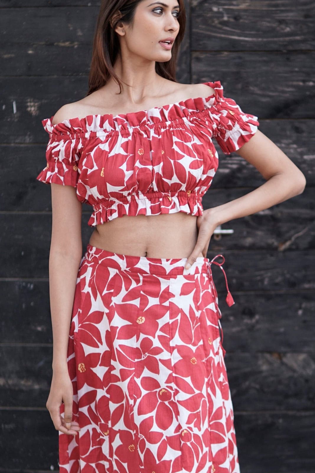 Red and cream cotton skirt and top, Carmen summer co-ord set