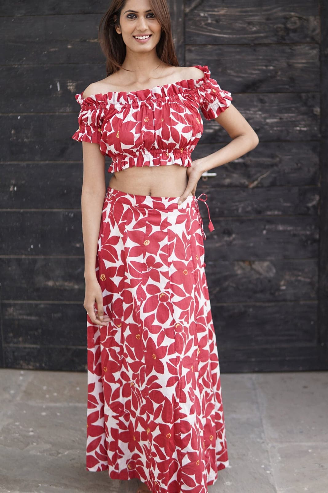 Red and cream cotton skirt and top, Carmen summer co-ord set
