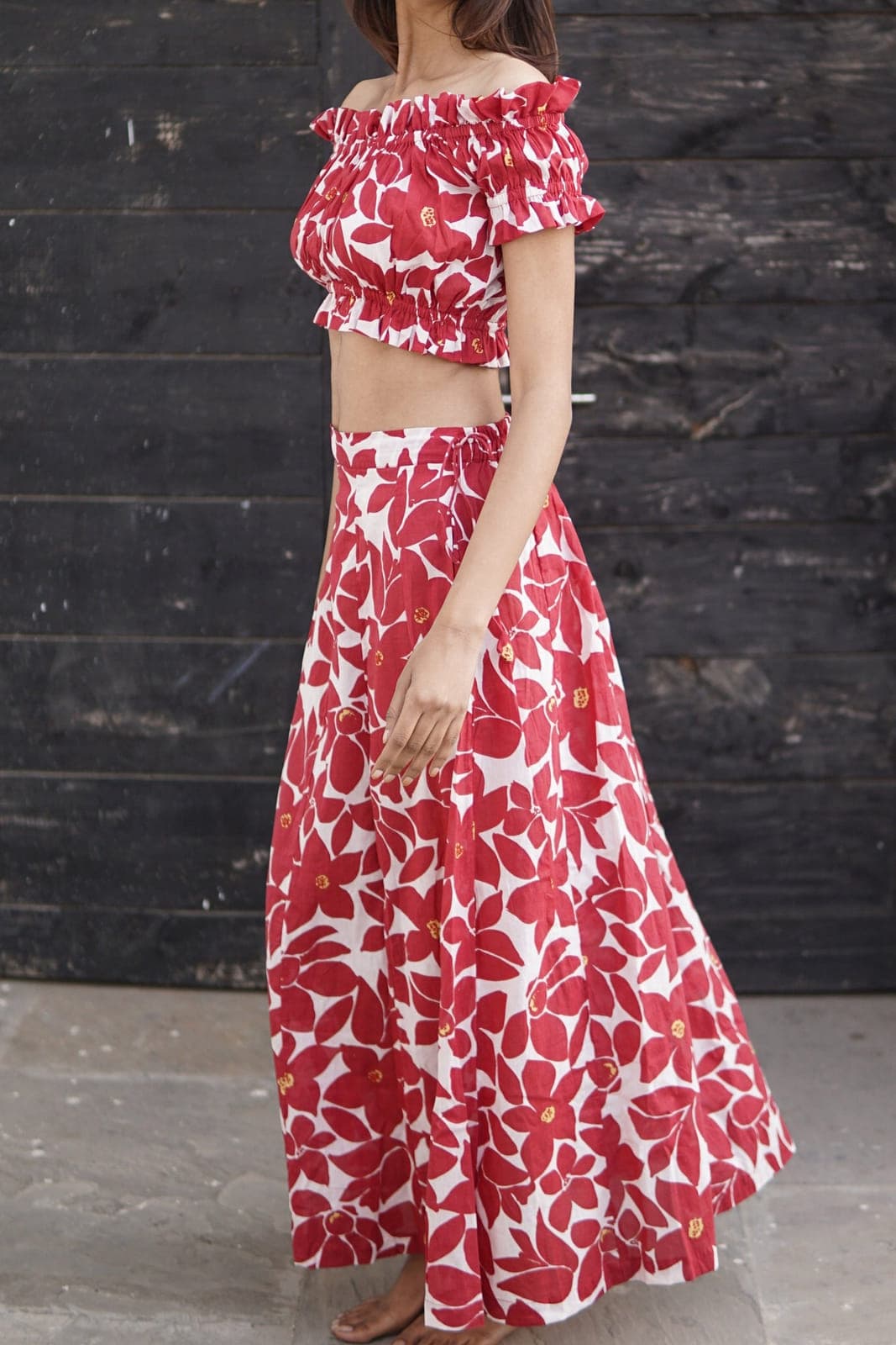 Red and cream cotton skirt and top, Carmen summer co-ord set