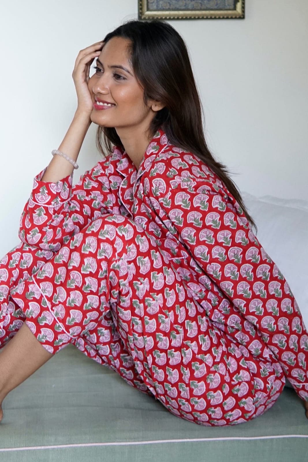 Red cotton pink color floral print ladies night suit