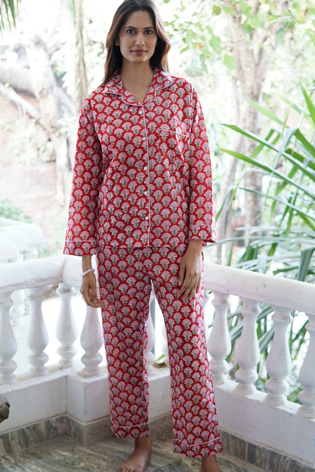 Red cotton pink color floral print ladies night suit