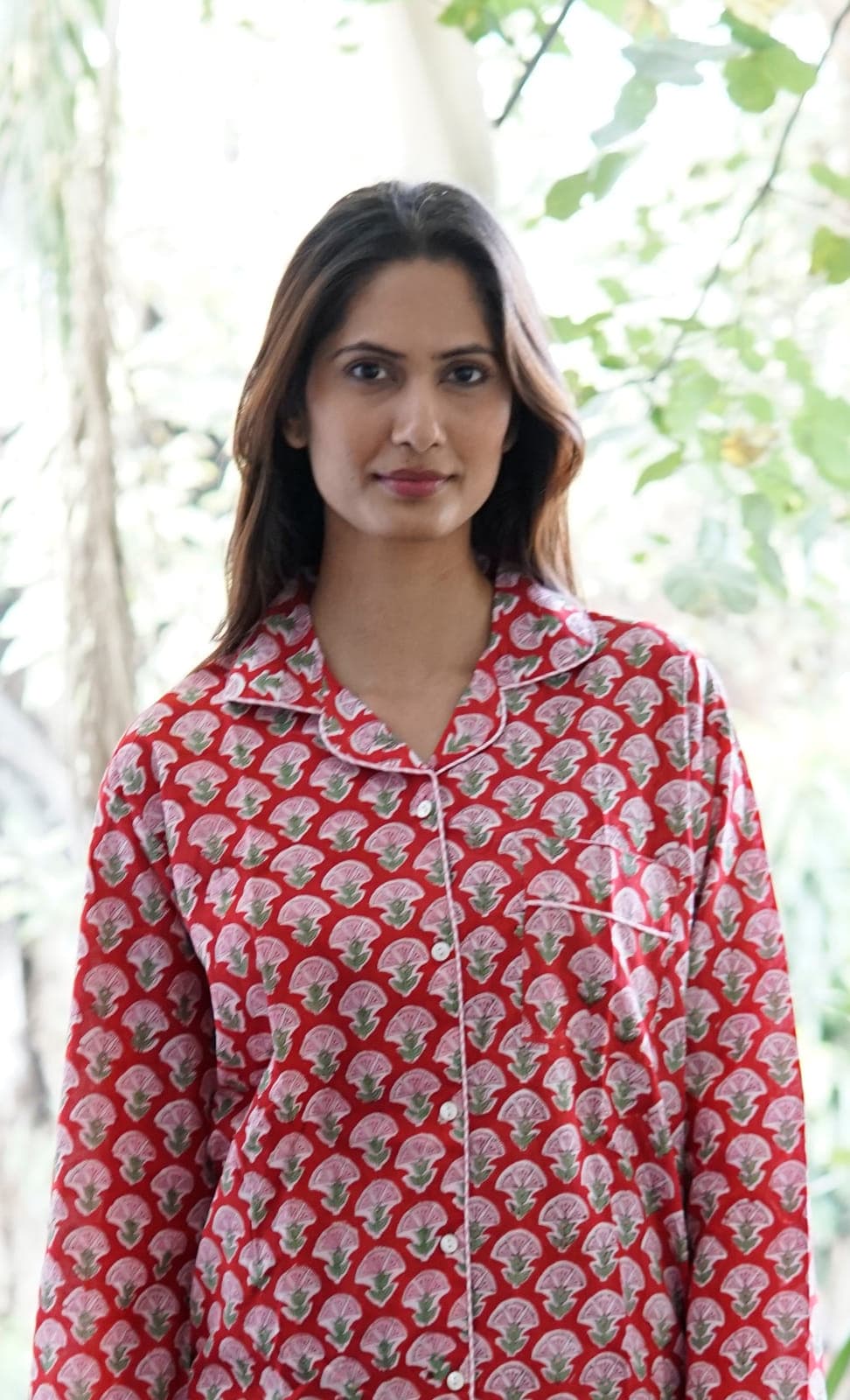 Red cotton pink color floral print ladies night suit