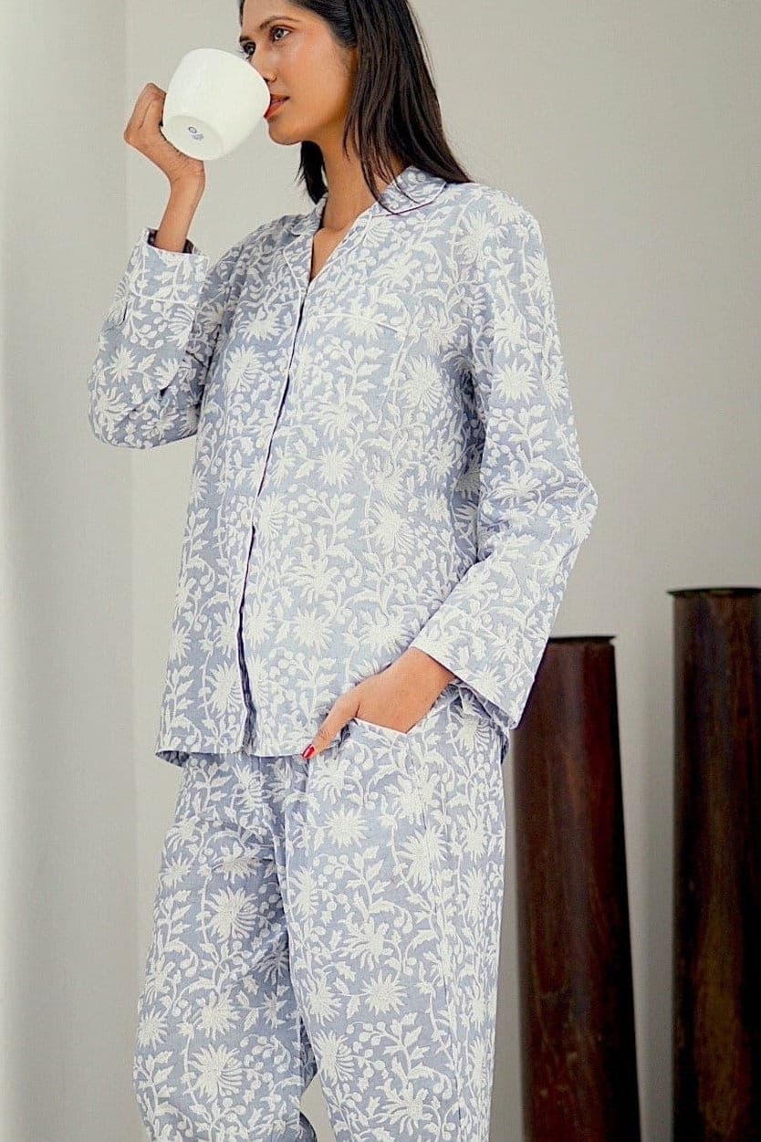 Grey with white floral print ladies sleepwear