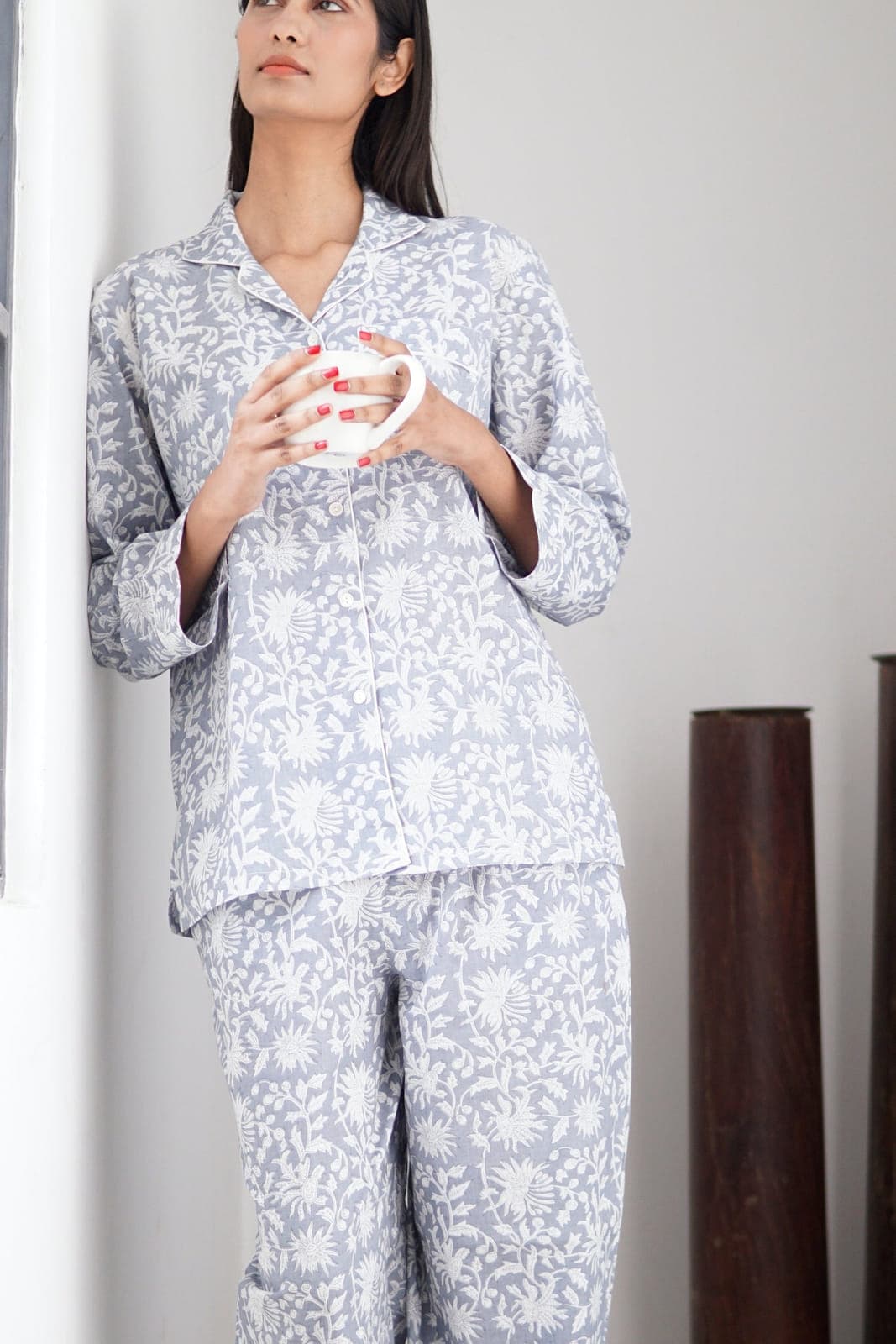 Grey with white floral print ladies sleepwear