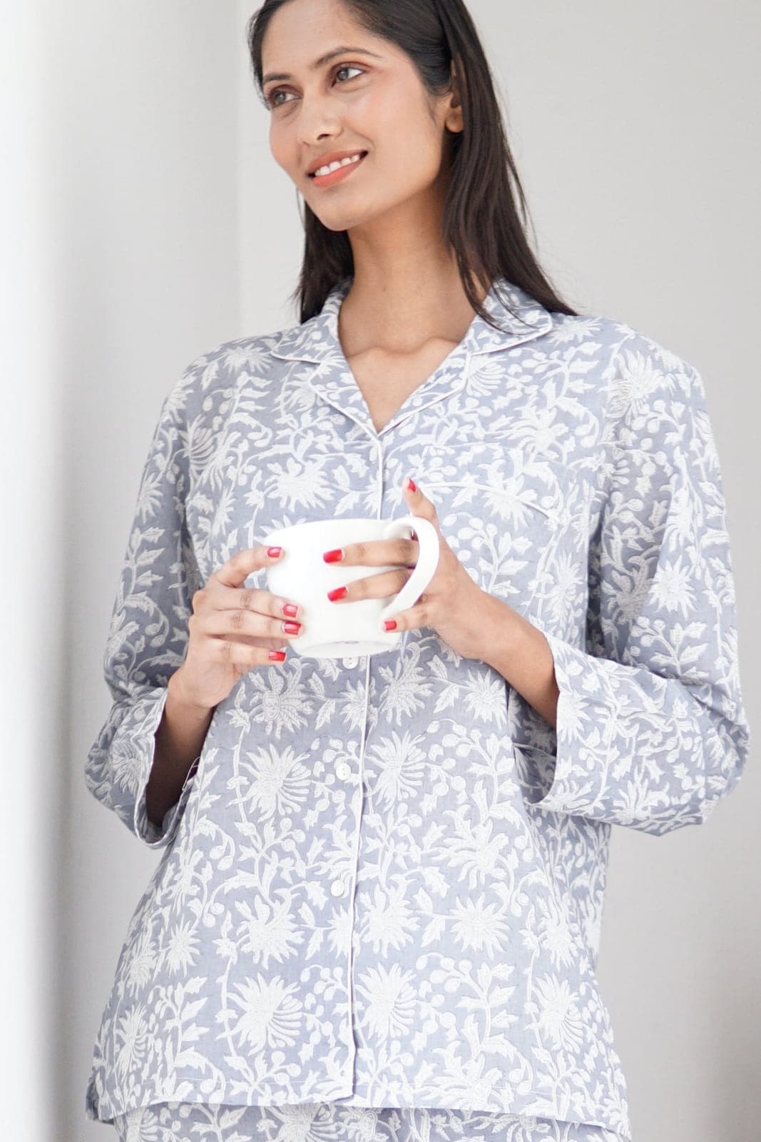 Grey with white floral print ladies sleepwear