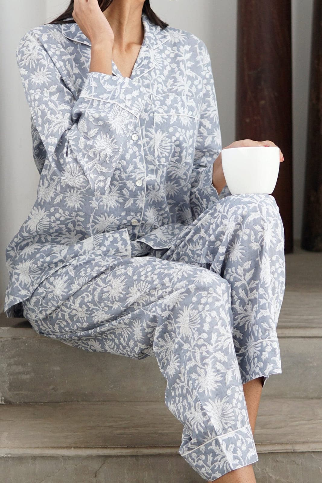 Grey with white floral print ladies sleepwear