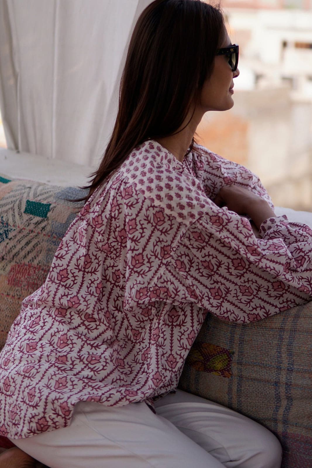 Blouse, puff sleeved cotton summer floral blouse for women