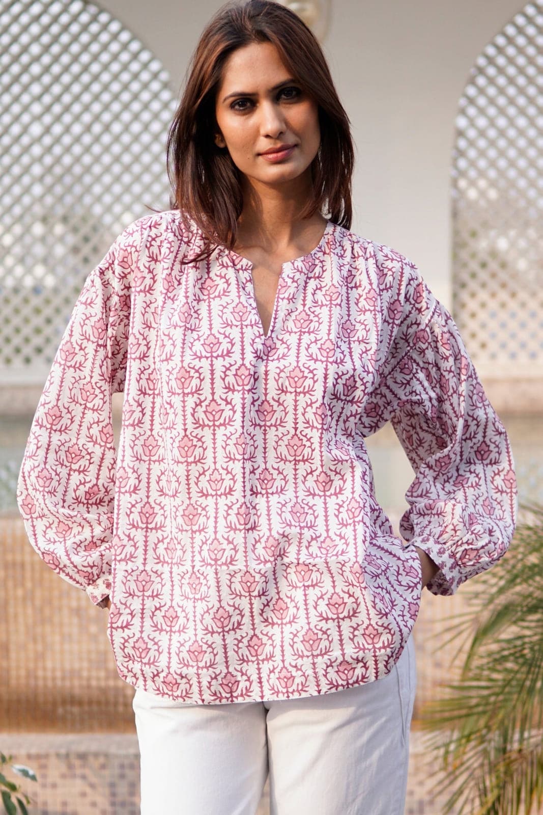 Blouse, puff sleeved cotton summer floral blouse for women