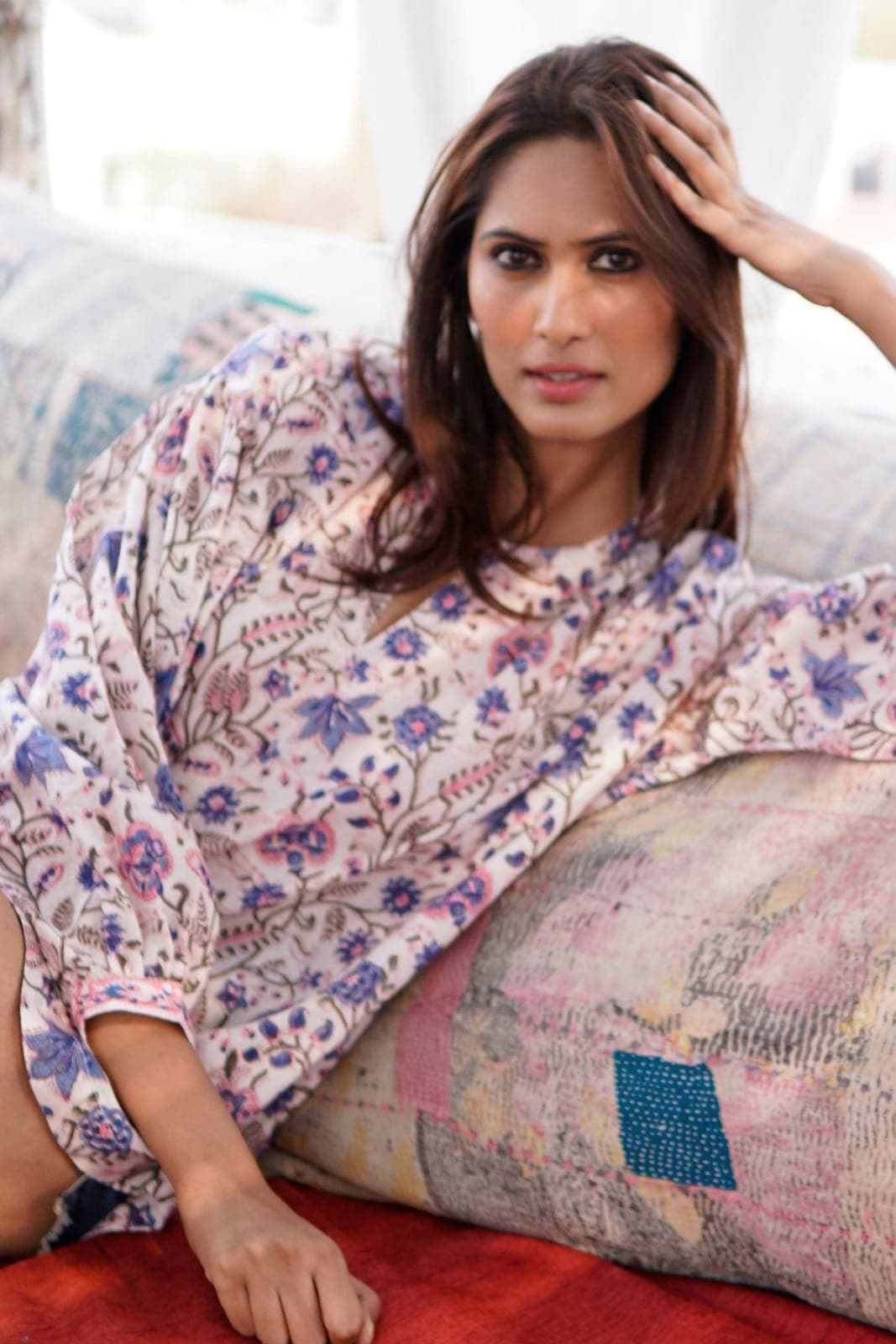Puff sleeved cotton summer boho floral blouse for women