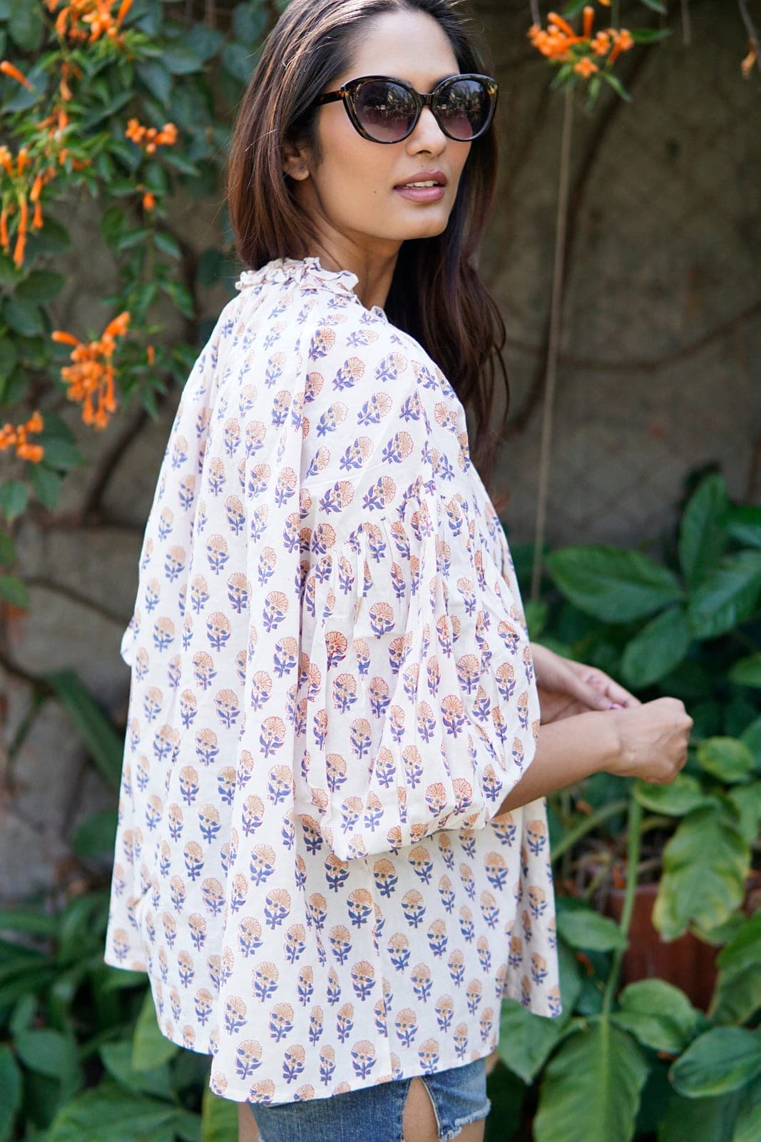 French style boho puff sleeved cotton summer blouse
