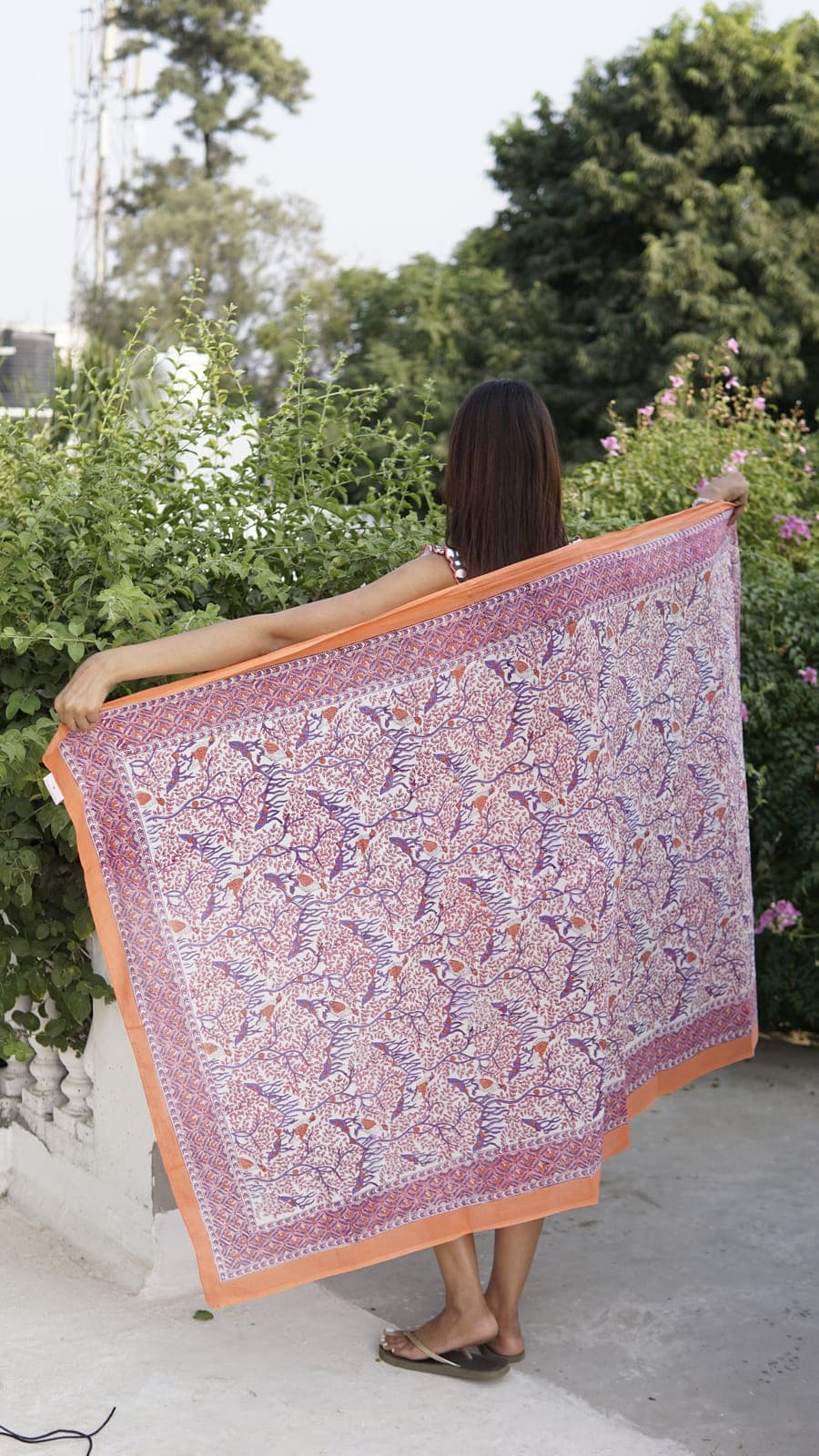 Pareo, pink, white and orange block print cotton sarong