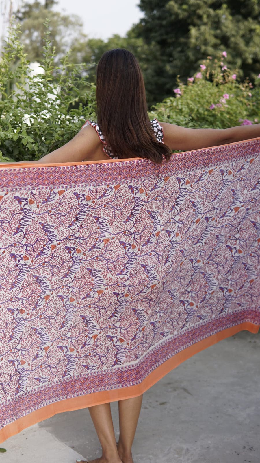 Pareo, pink, white and orange block print cotton sarong