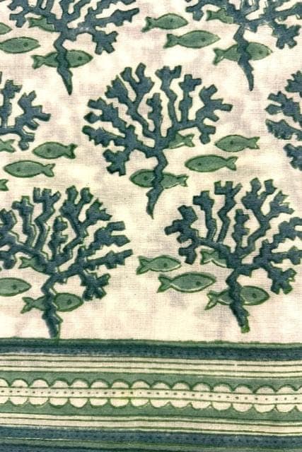 Pareo, green and white block print cotton sarong