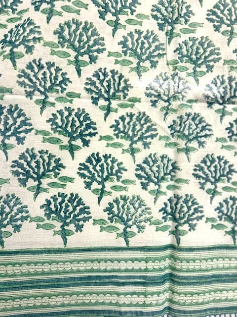 Pareo, green and white block print cotton sarong