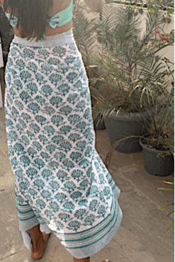 Pareo, green and white block print cotton sarong