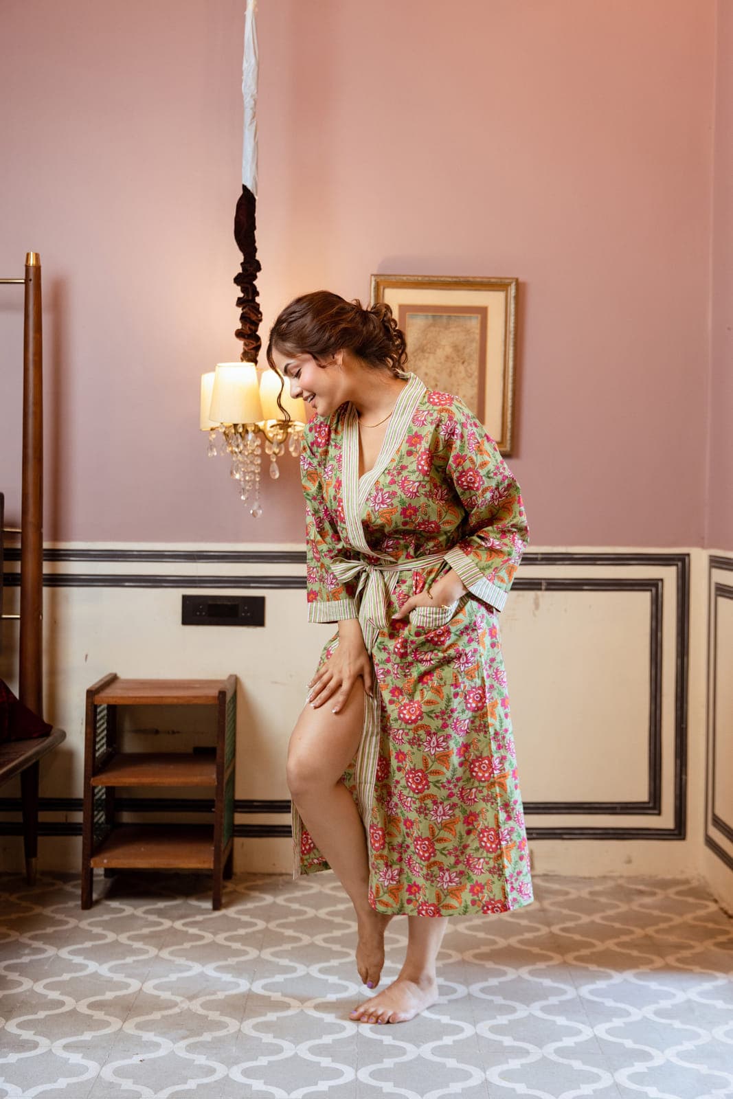 GREEN & PINK FLORAL VINE COTTON ROBE