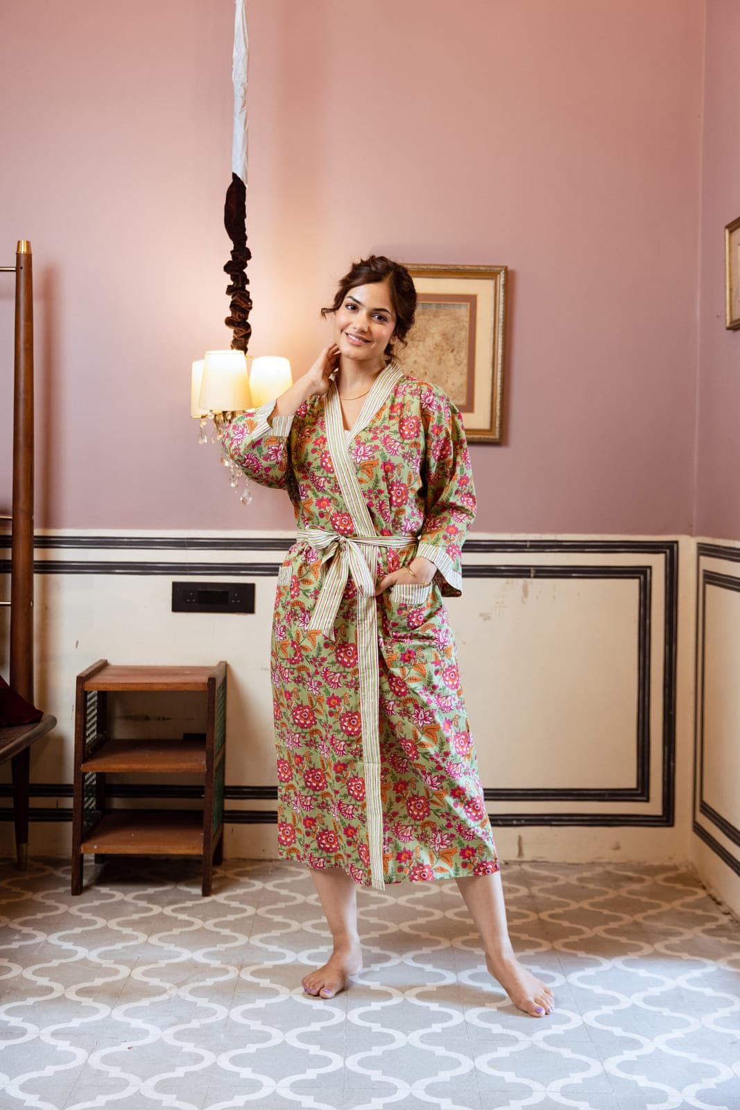 GREEN & PINK FLORAL VINE COTTON ROBE