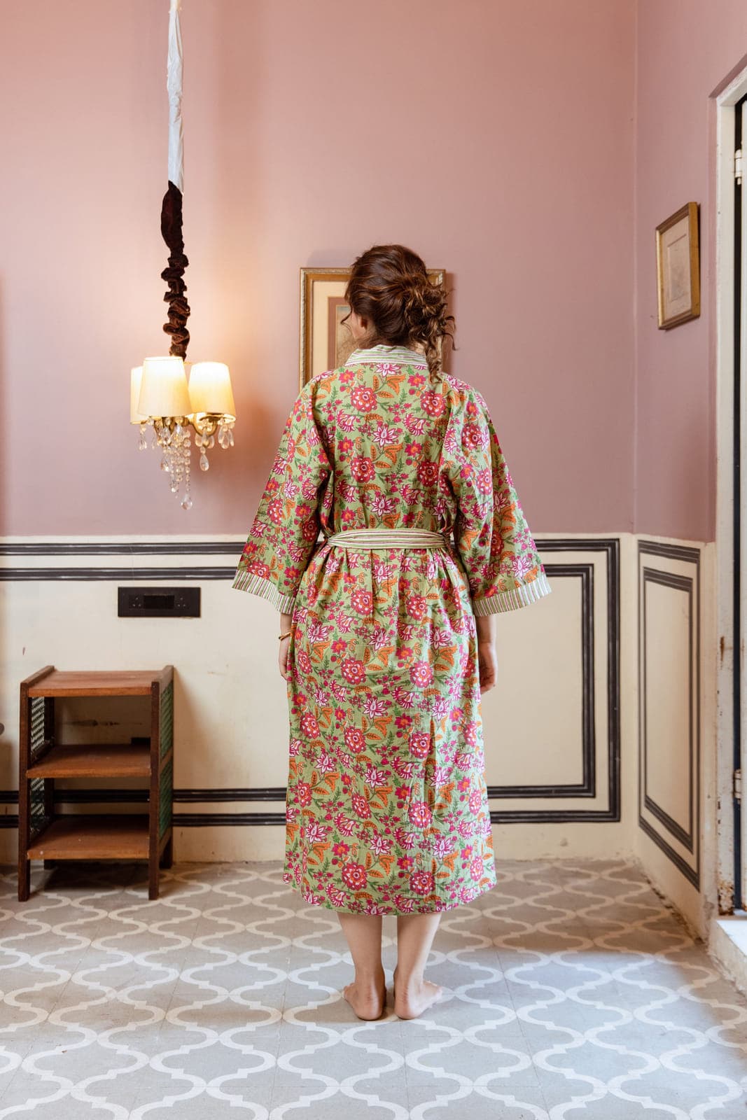 GREEN & PINK FLORAL VINE COTTON ROBE