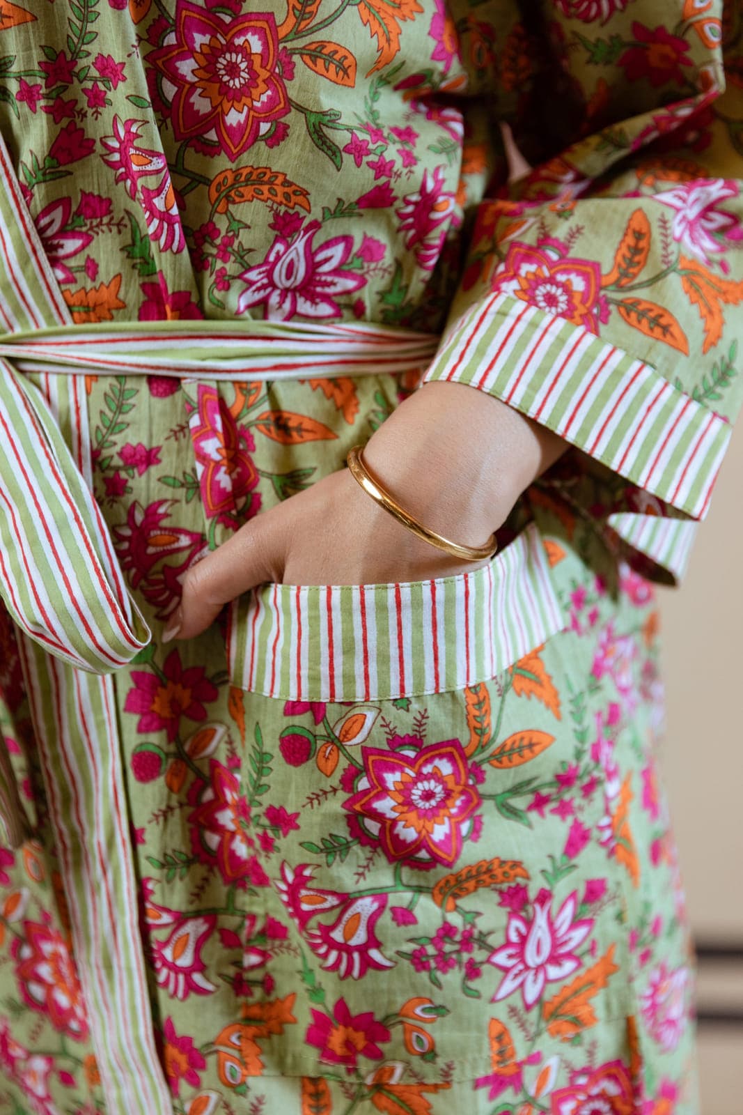 GREEN & PINK FLORAL VINE COTTON ROBE
