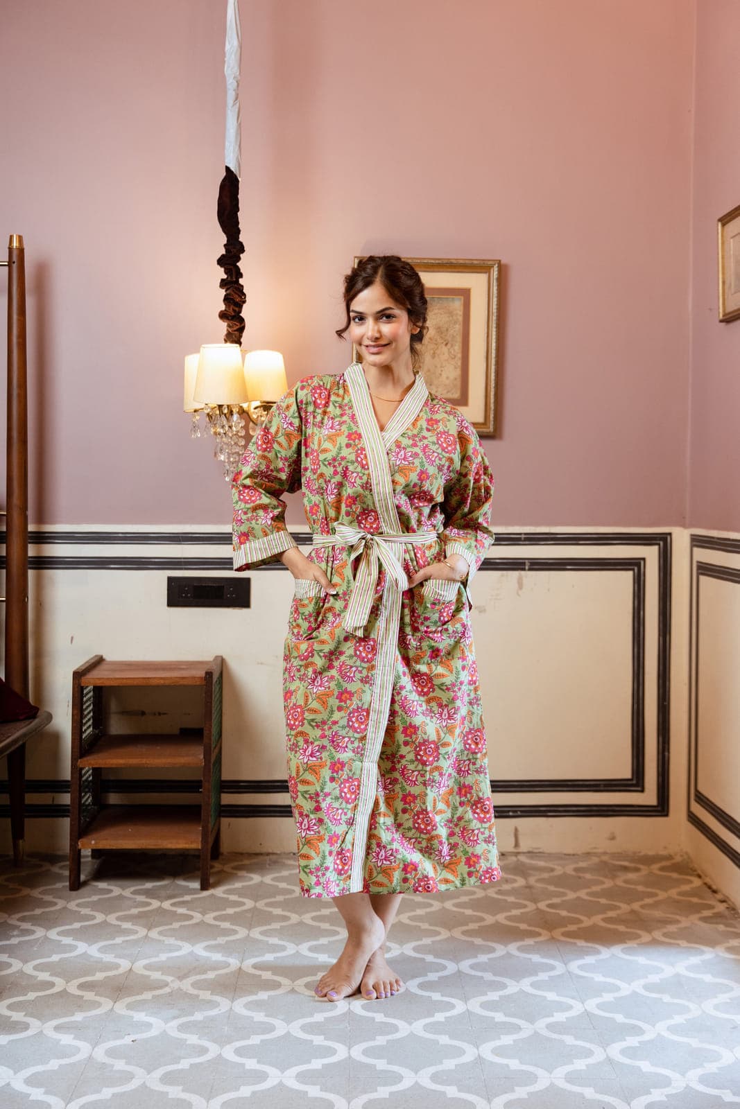 GREEN & PINK FLORAL VINE COTTON ROBE