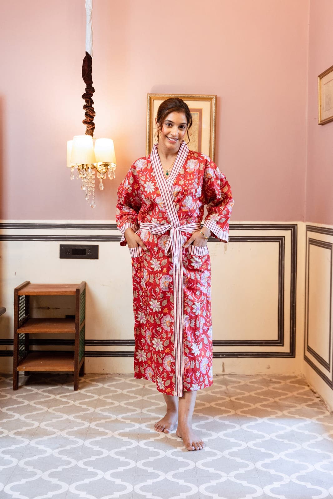 RED FLORAL VINE COTTON ROBE
