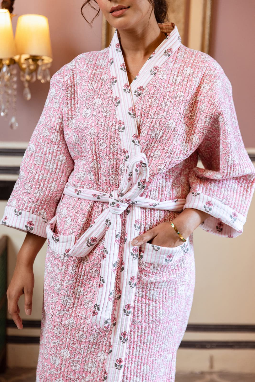 PINK FLORAL LUXURY QUILTED COTTON ROBE
