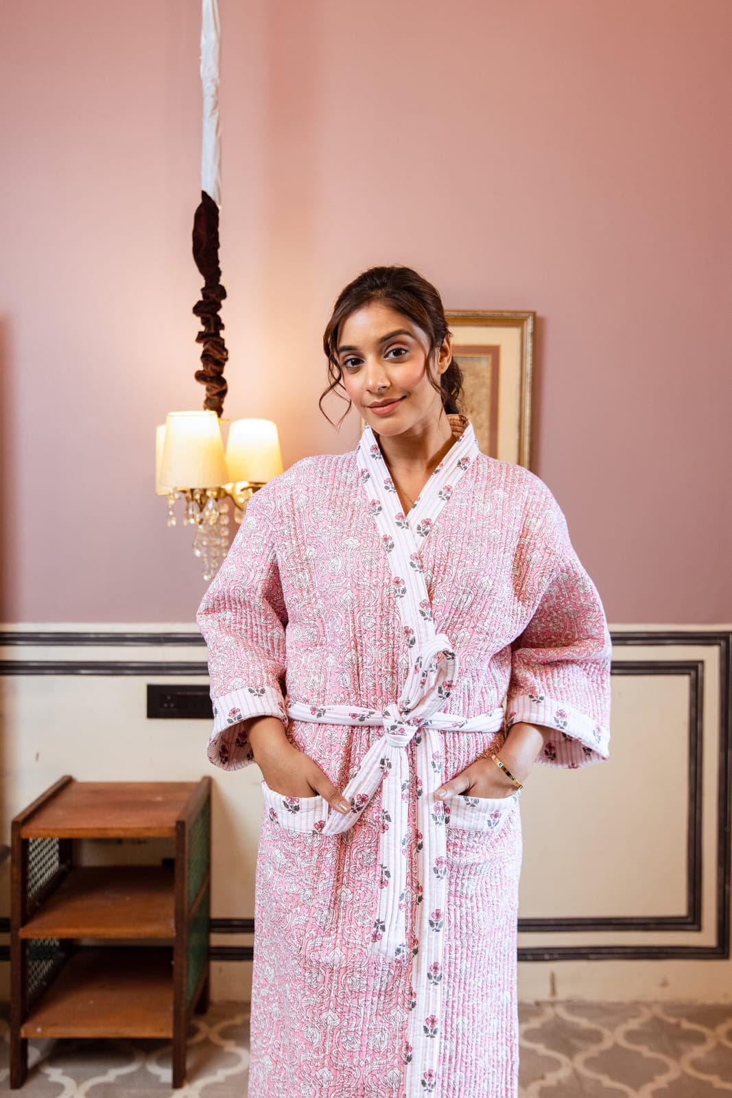 PINK FLORAL LUXURY QUILTED COTTON ROBE