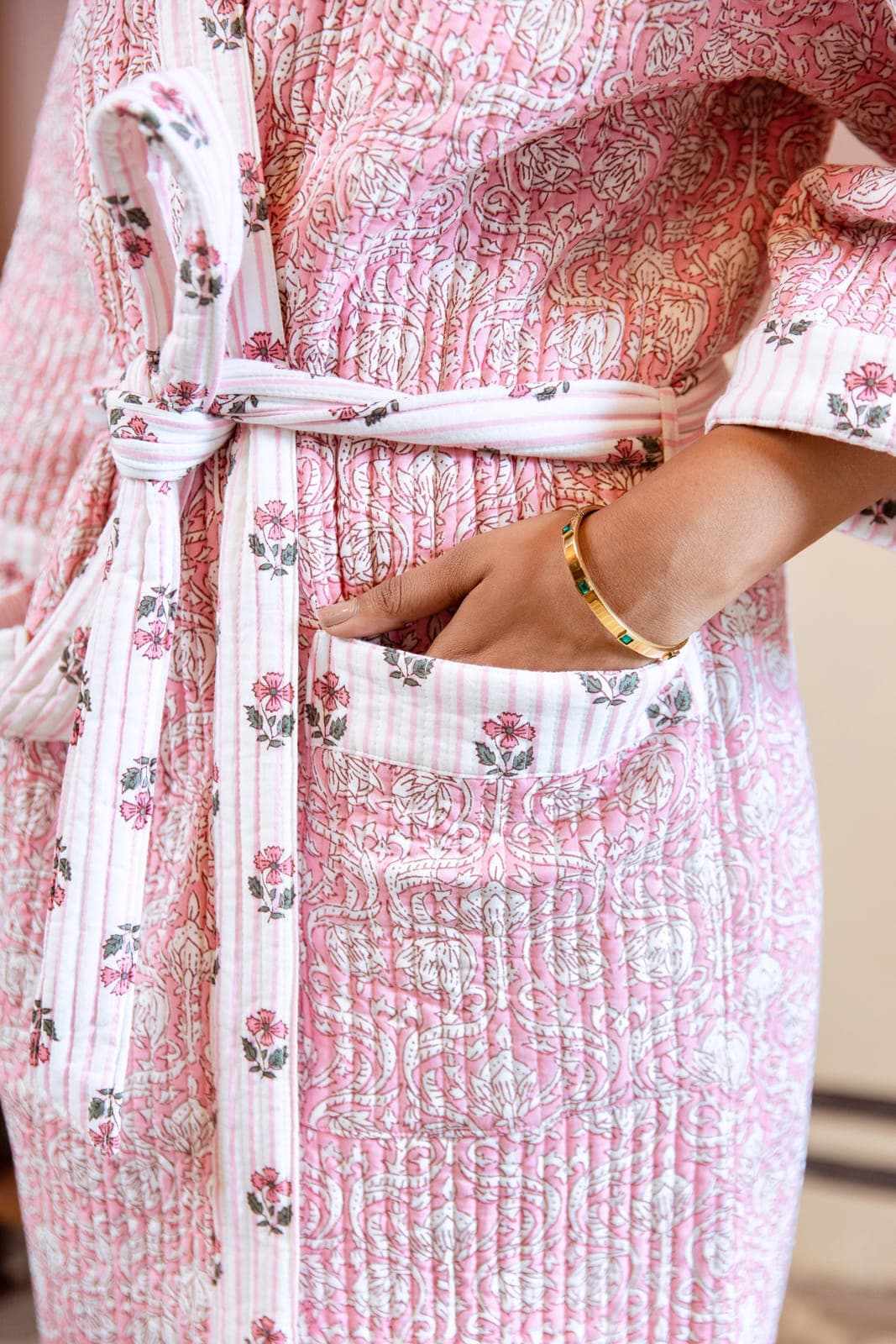 PINK FLORAL LUXURY QUILTED COTTON ROBE