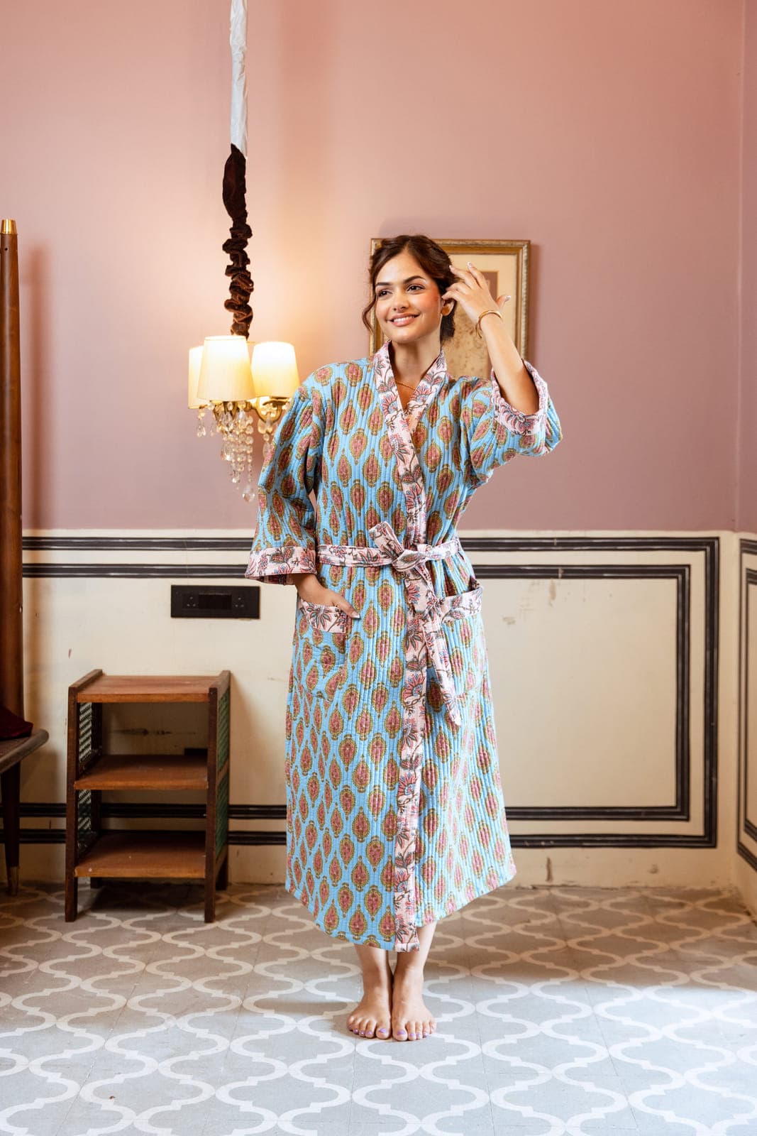 BLUE PAISLEY BLOSSOM LUXURY QUILTED COTTON ROBE
