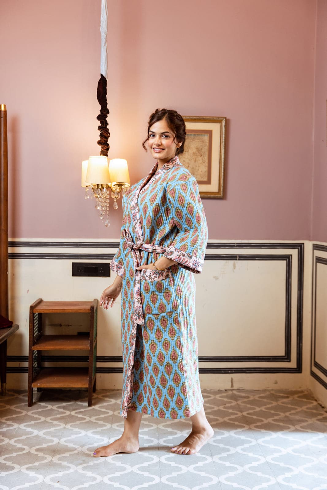 BLUE PAISLEY BLOSSOM LUXURY QUILTED COTTON ROBE