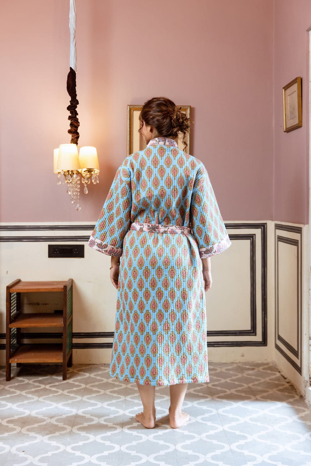BLUE PAISLEY BLOSSOM LUXURY QUILTED COTTON ROBE