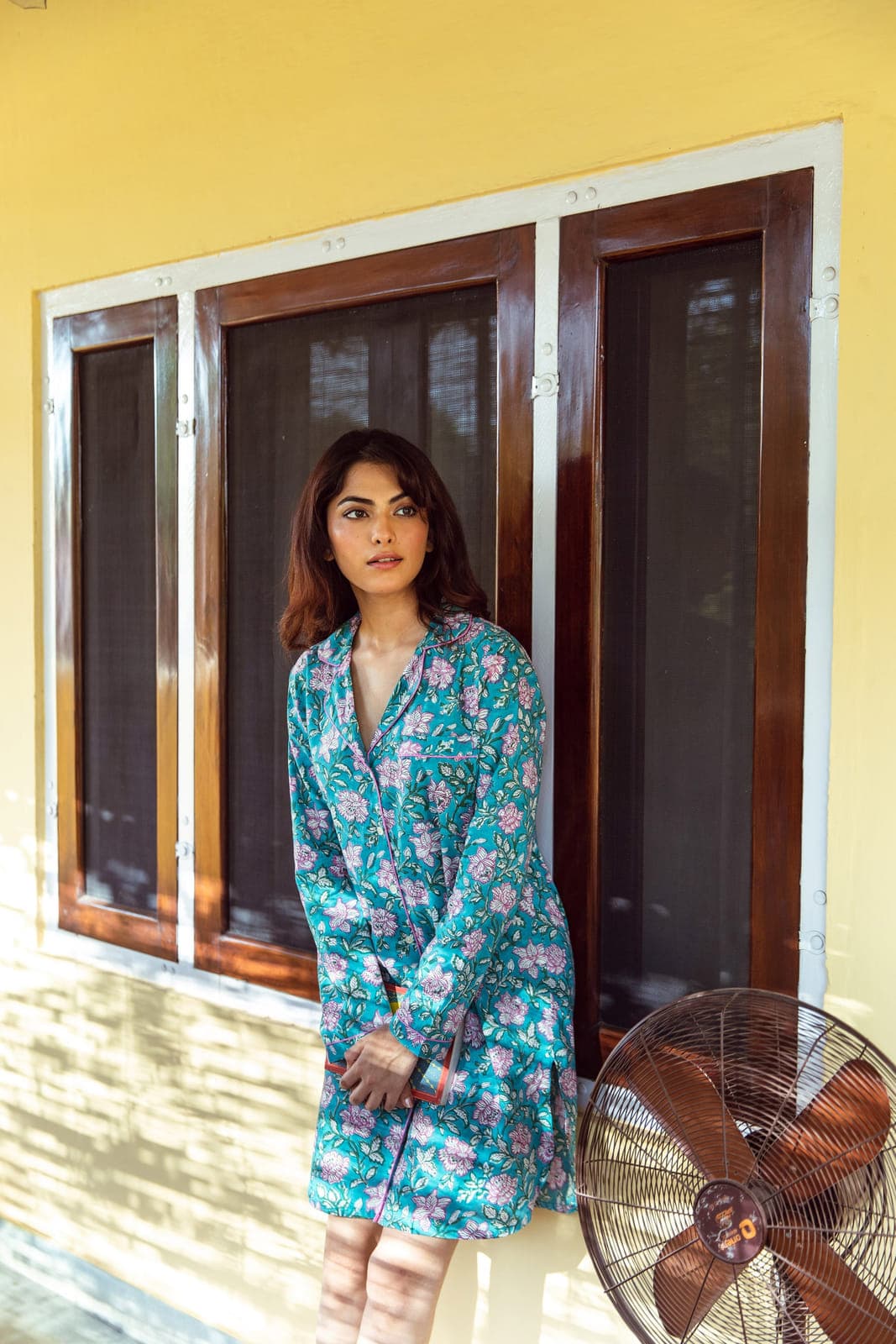 DARK TURQUOISE FLORAL VINE BLOCK PRINT COTTON NIGHTSHIRT