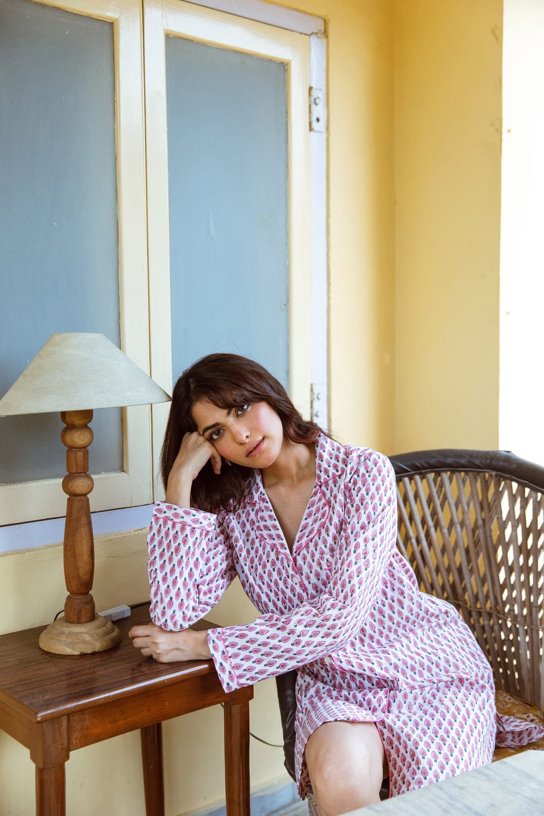 WHITE & PINK LEAF BOOTI BLOCK PRINT COTTON NIGHTSHIRT