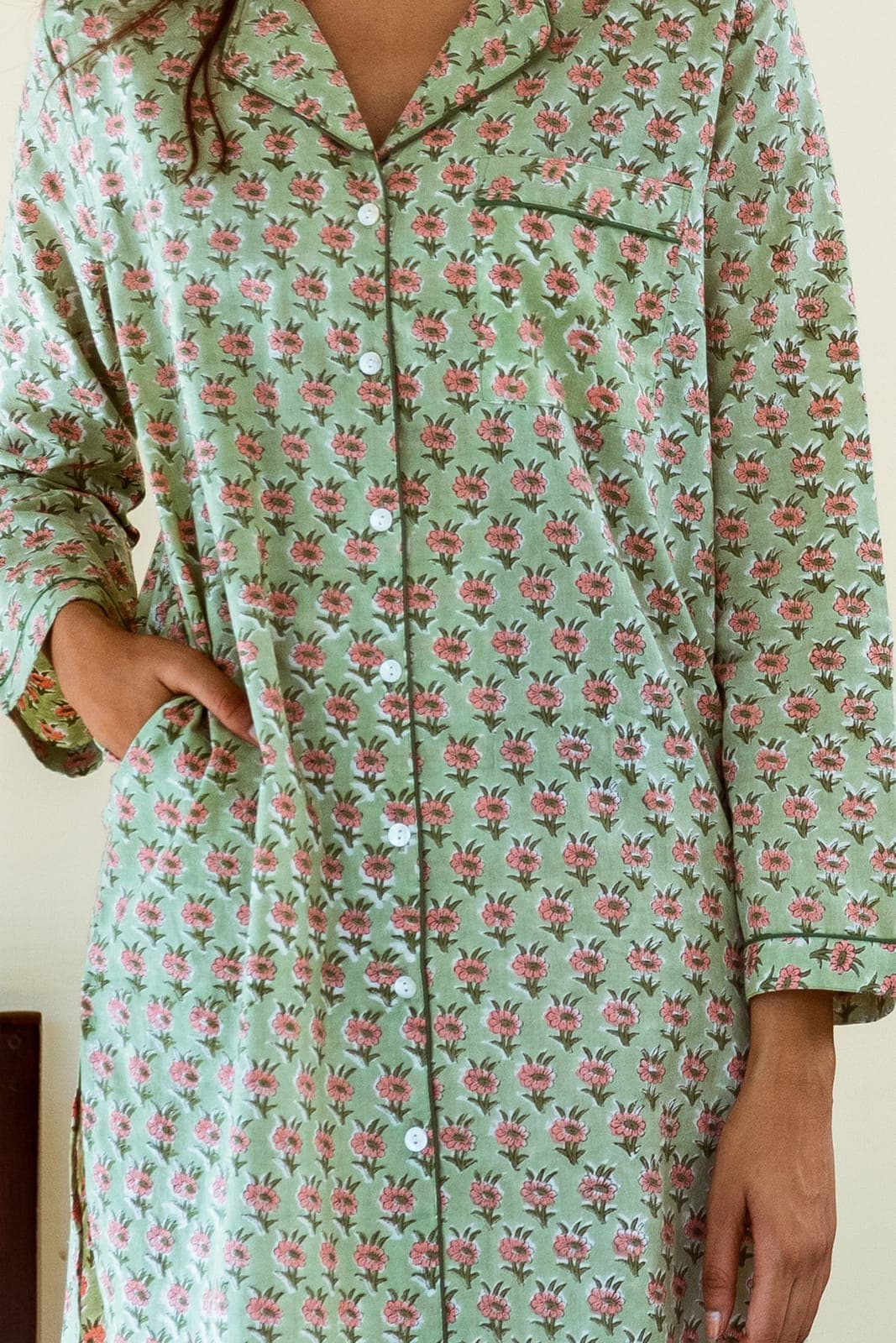 PINK & GREEN FLORAL BOOTI BLOCK PRINT COTTON NIGHTSHIRT
