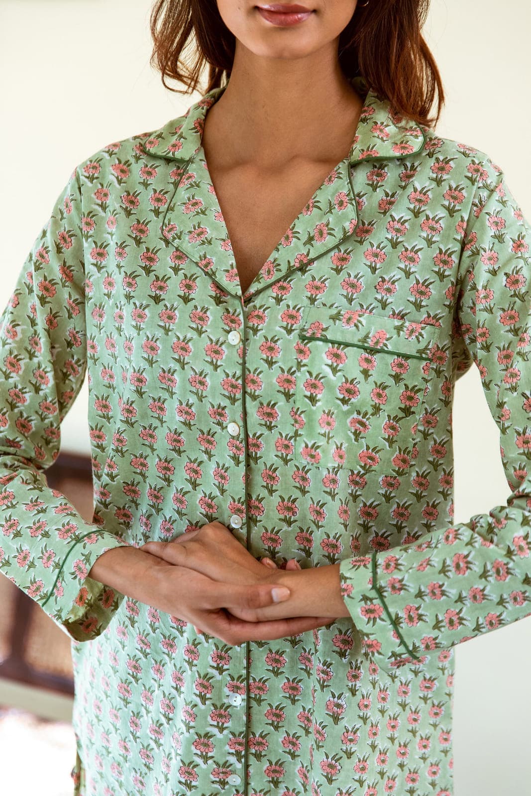 PINK & GREEN FLORAL BOOTI BLOCK PRINT COTTON NIGHTSHIRT
