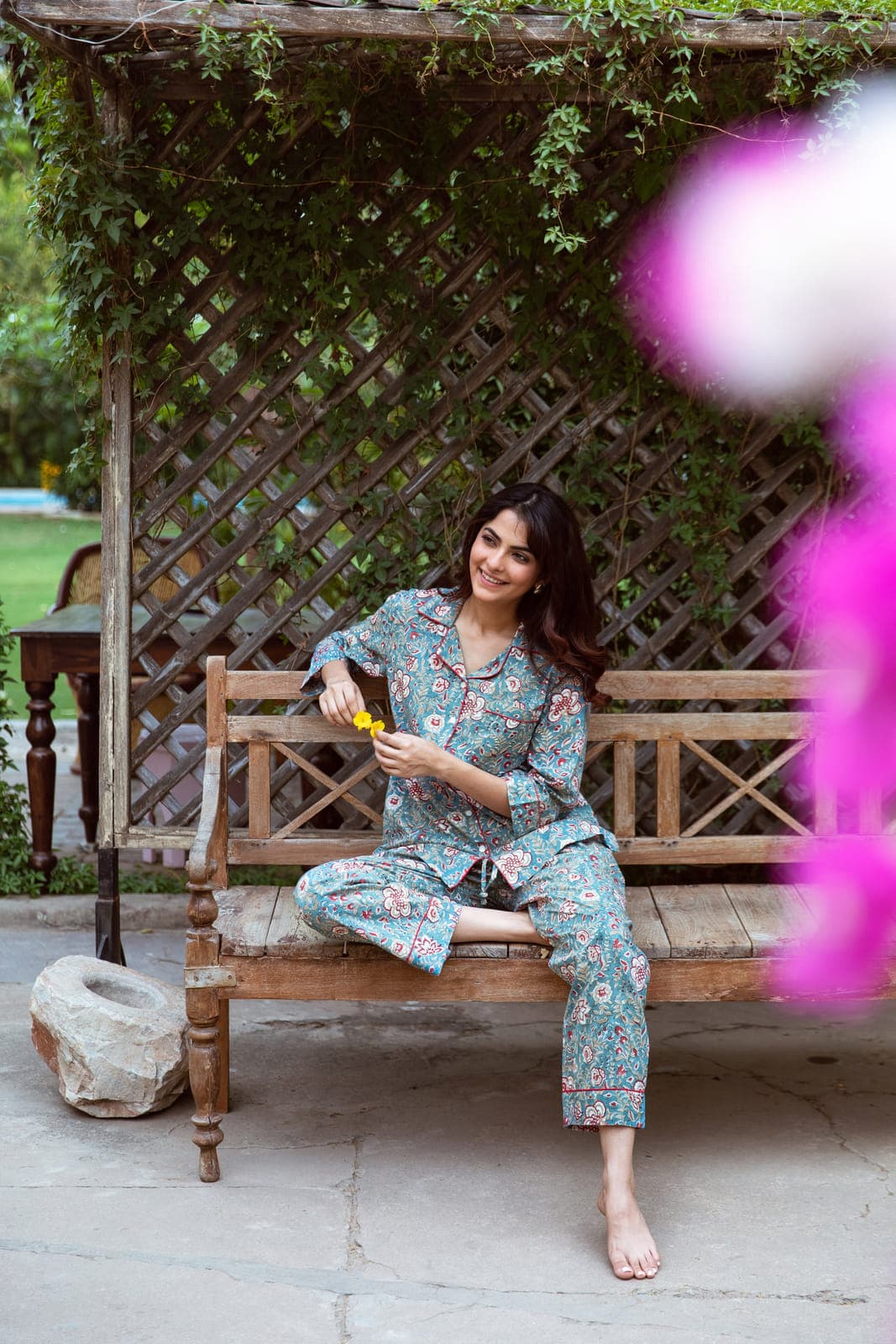 MAROON AND EGGSHELL BLUE BLOCK PRINT LONG PJ SET