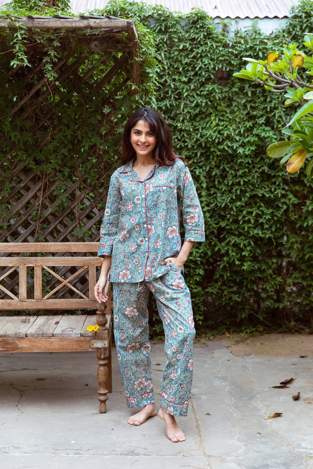 MAROON AND EGGSHELL BLUE BLOCK PRINT LONG PJ SET