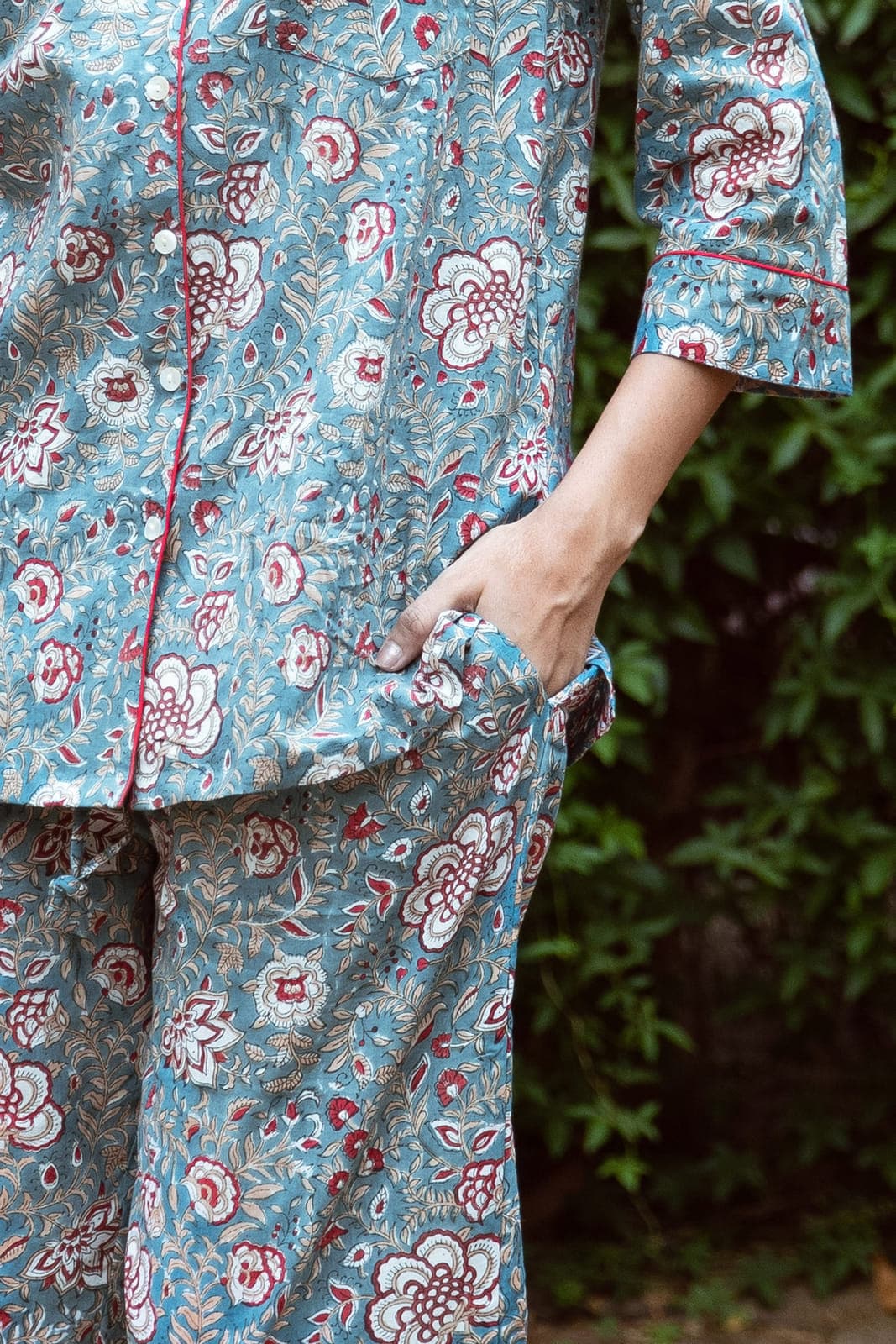 MAROON AND EGGSHELL BLUE BLOCK PRINT LONG PJ SET