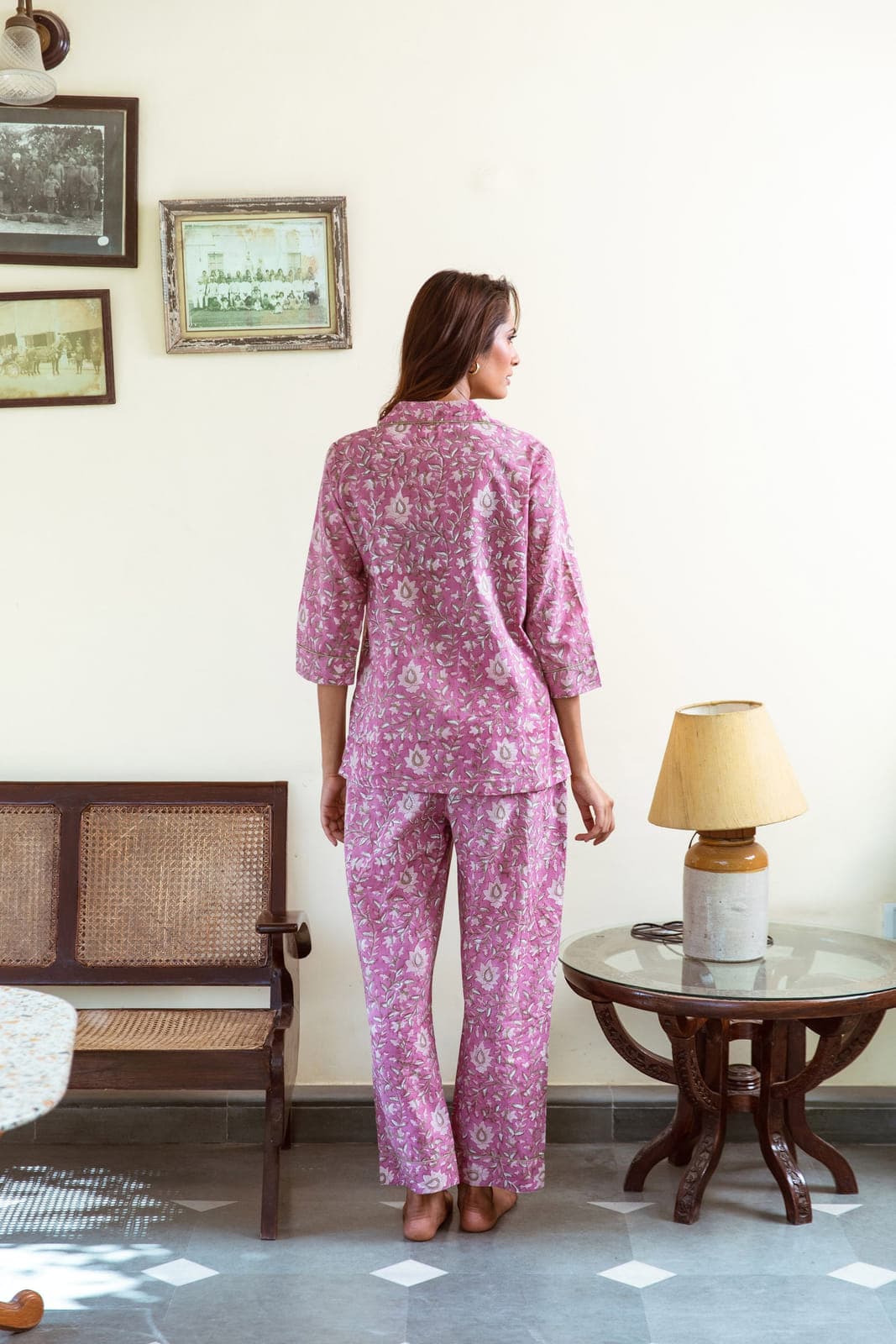 DUSTY ROSE PINK FLORAL VINE BLOCK PRINT LONG PJ SET