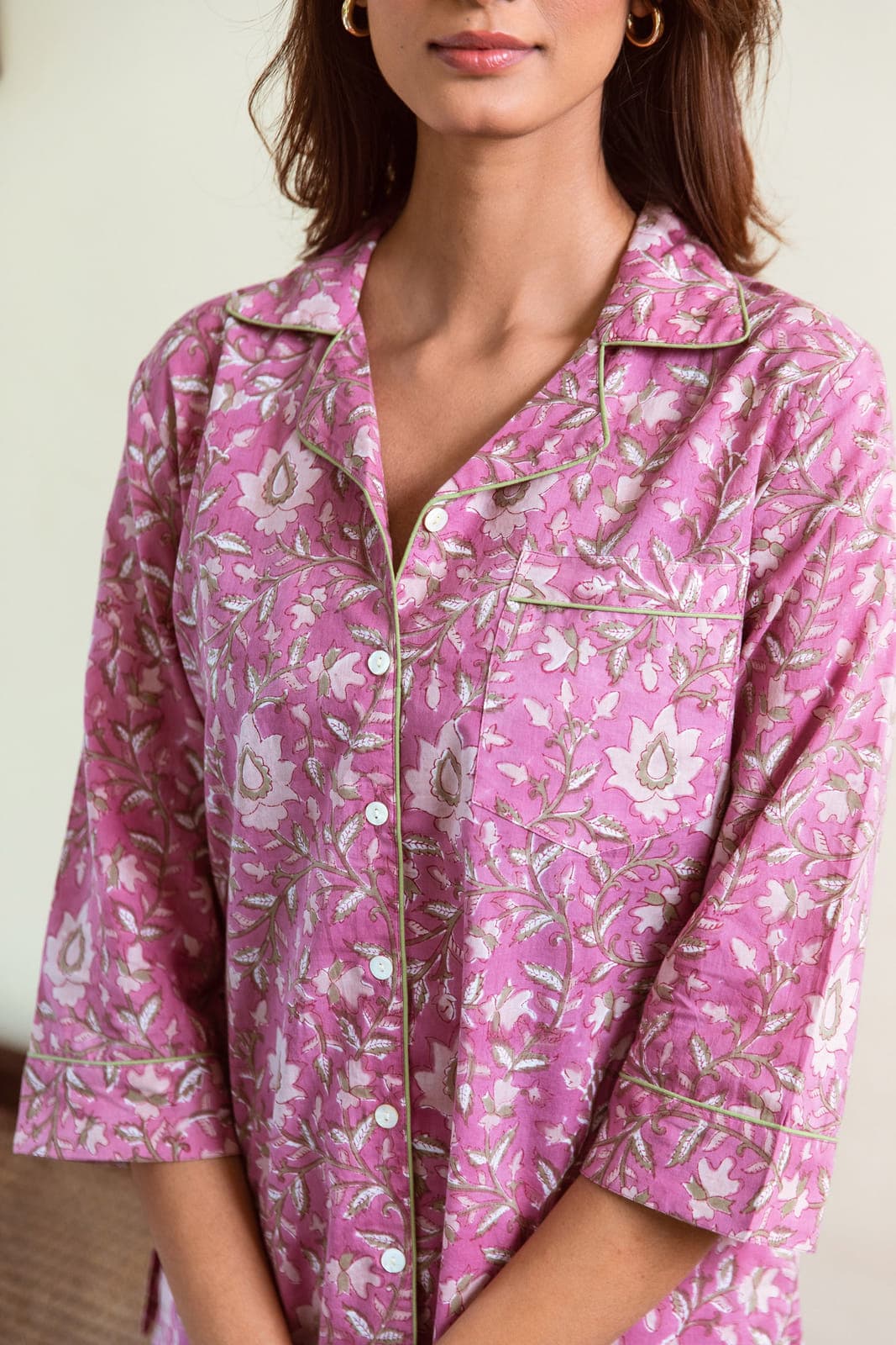DUSTY ROSE PINK FLORAL VINE BLOCK PRINT LONG PJ SET