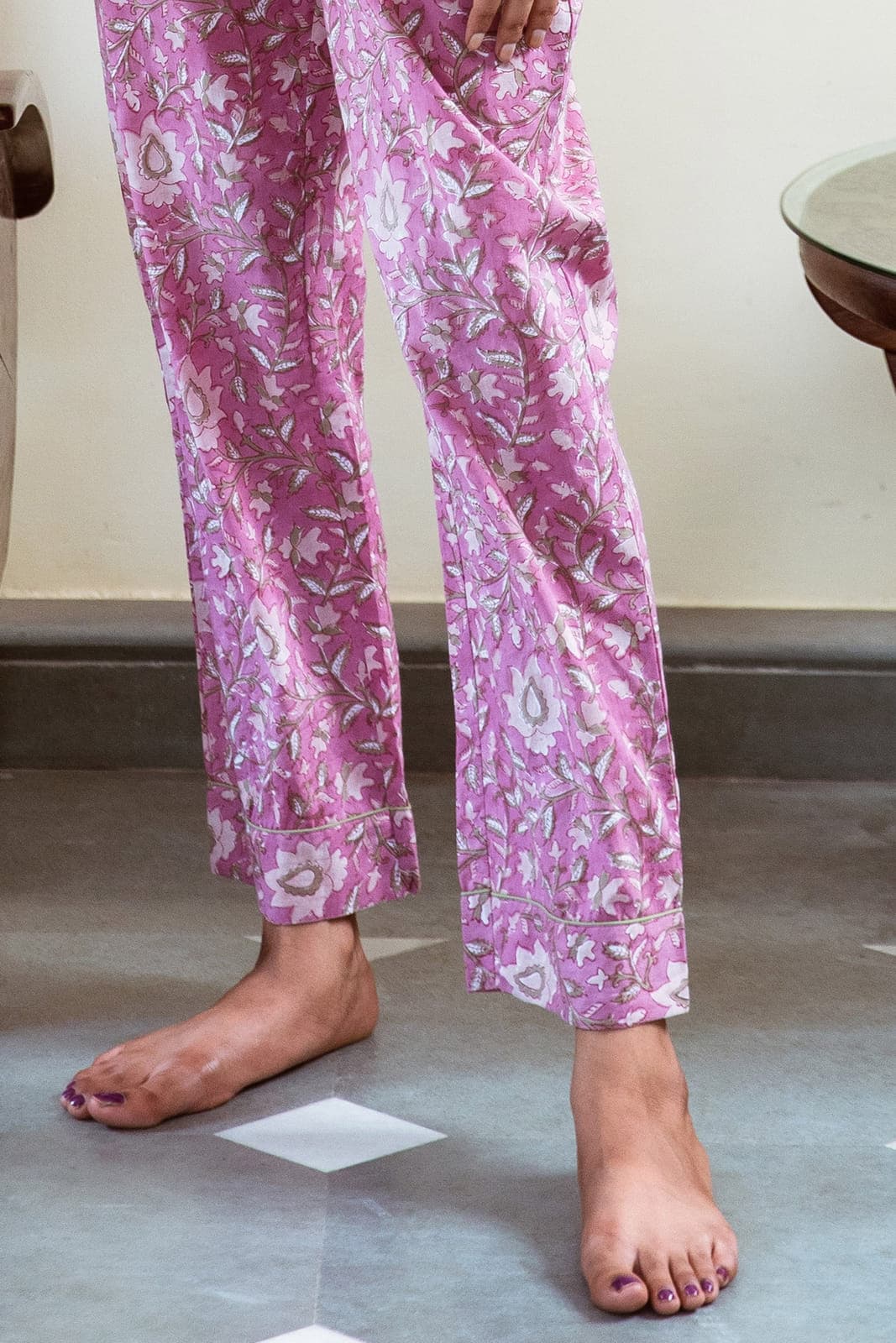 DUSTY ROSE PINK FLORAL VINE BLOCK PRINT LONG PJ SET