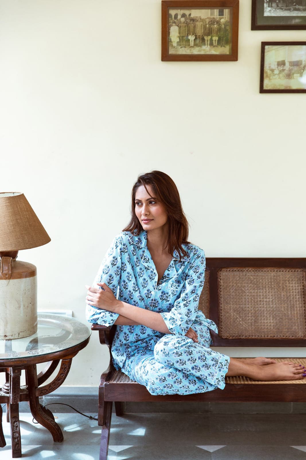SKY BLUE FLORAL BOOTI BLOCK PRINT LONG PJ SET