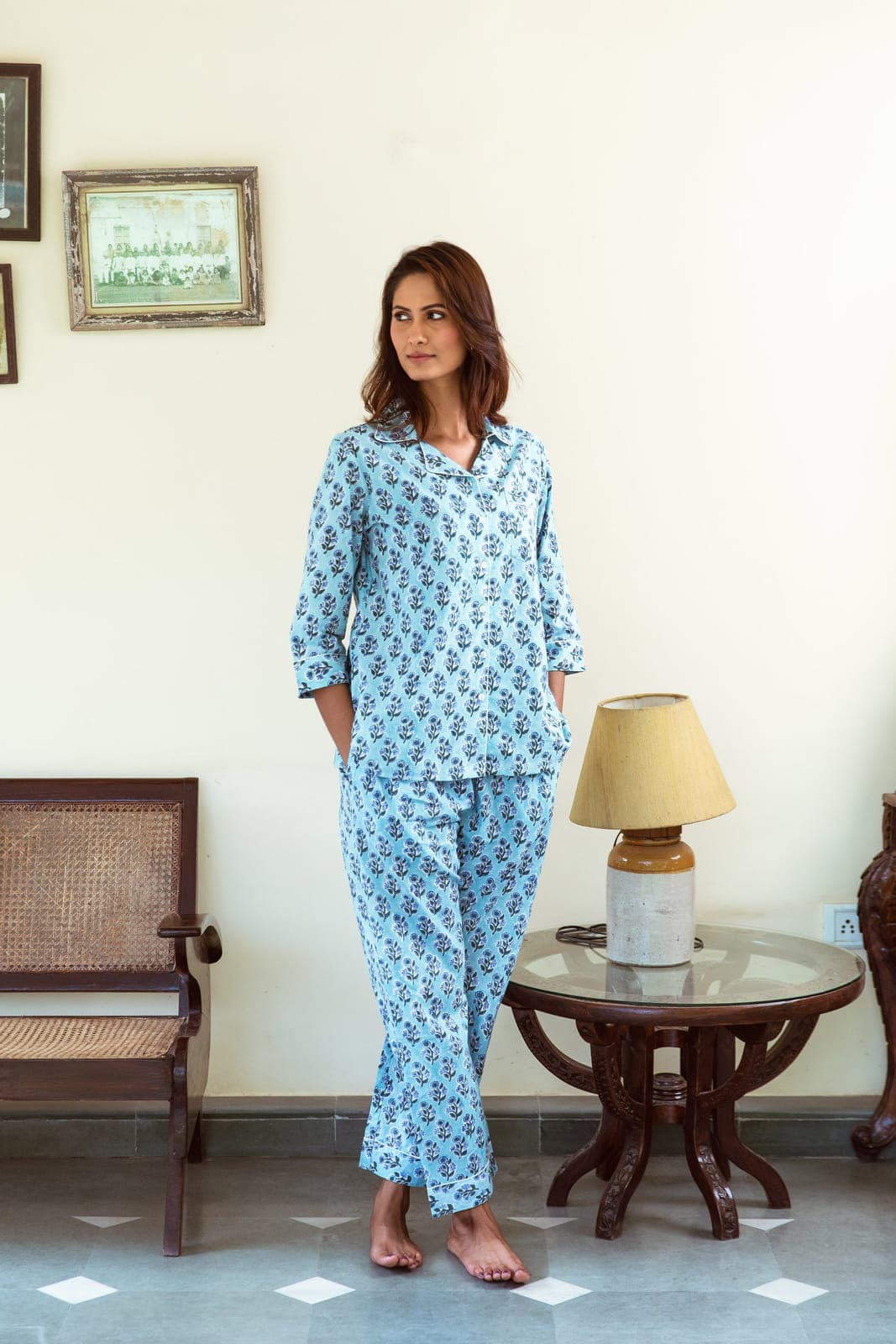 SKY BLUE FLORAL BOOTI BLOCK PRINT LONG PJ SET