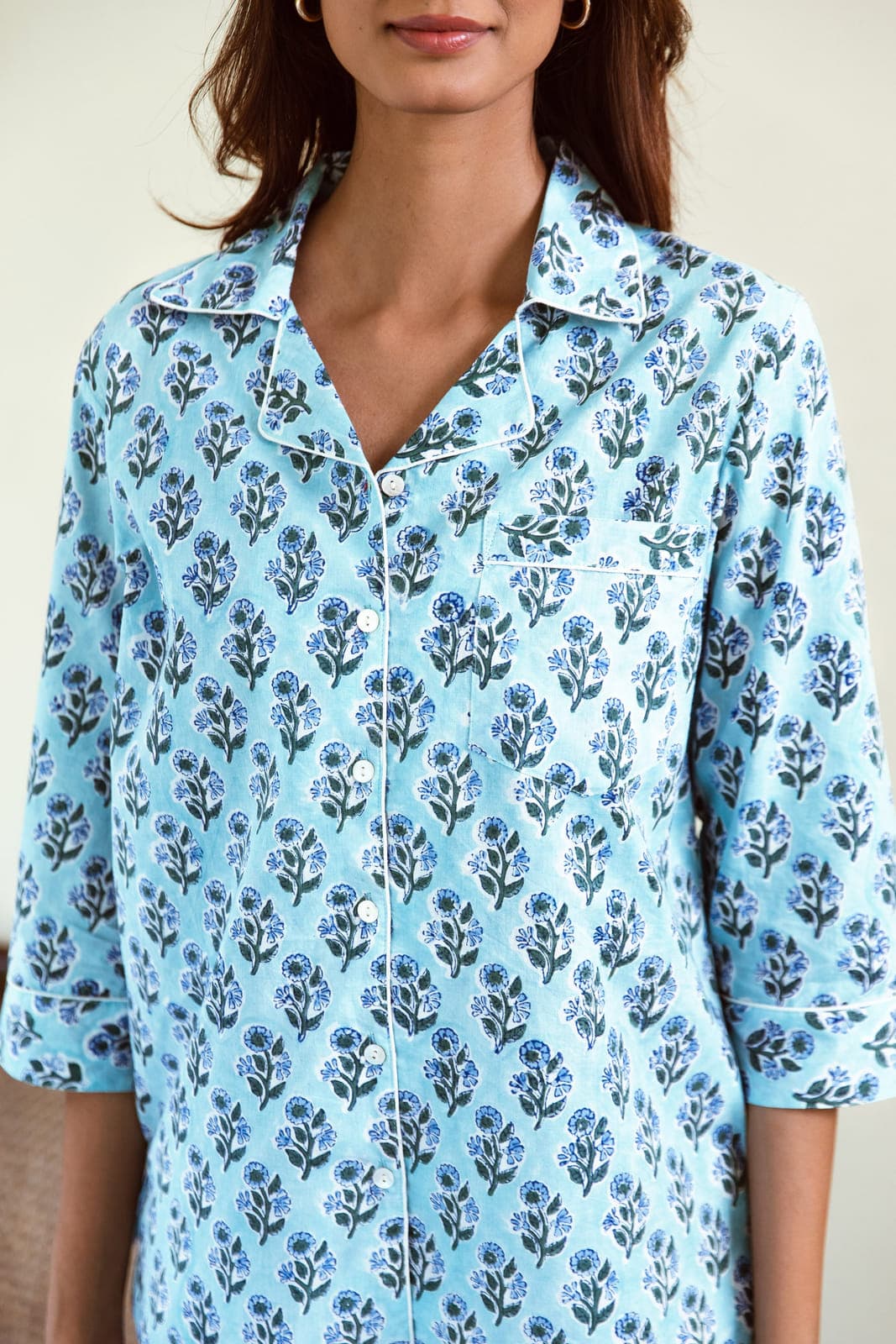 SKY BLUE FLORAL BOOTI BLOCK PRINT LONG PJ SET